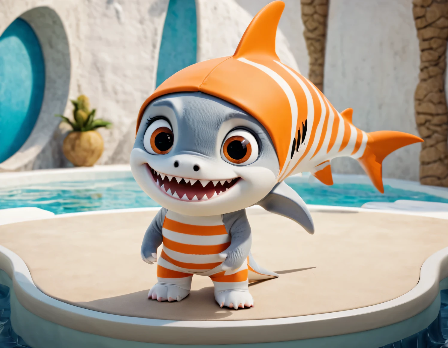 character idea，scenography，Very unified CG design，（Oscar the Baby Shark and Reno Jaws are being interviewed on TV：1.2），Oscar the baby shark has a silver body，with orange stripes，The mouth is also small，His eyes were big and bright，Always sparkling with wisdom and curiosity，His tail is very strong，His eyes are sharp and alert，The orange stripes on the body are more vivid，Oscar is a very unique and interesting person，inspired by《shark tale》，background：fairy tale tv interview show