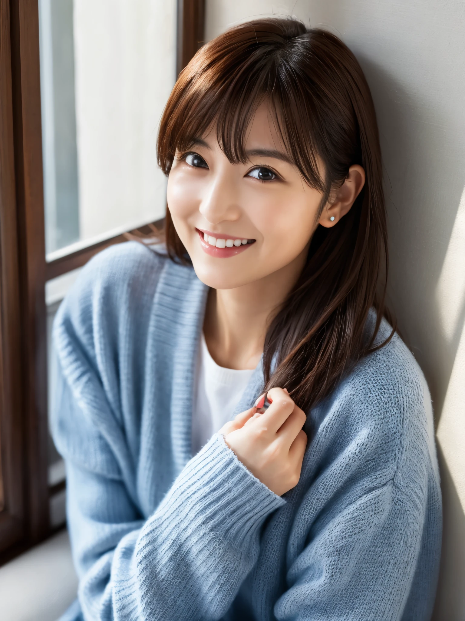 japanese woman、30age、Cafe、window seat、winter、sweater、long hair、beautiful face、cute face、smile、Photo from the chest up、Gentle light