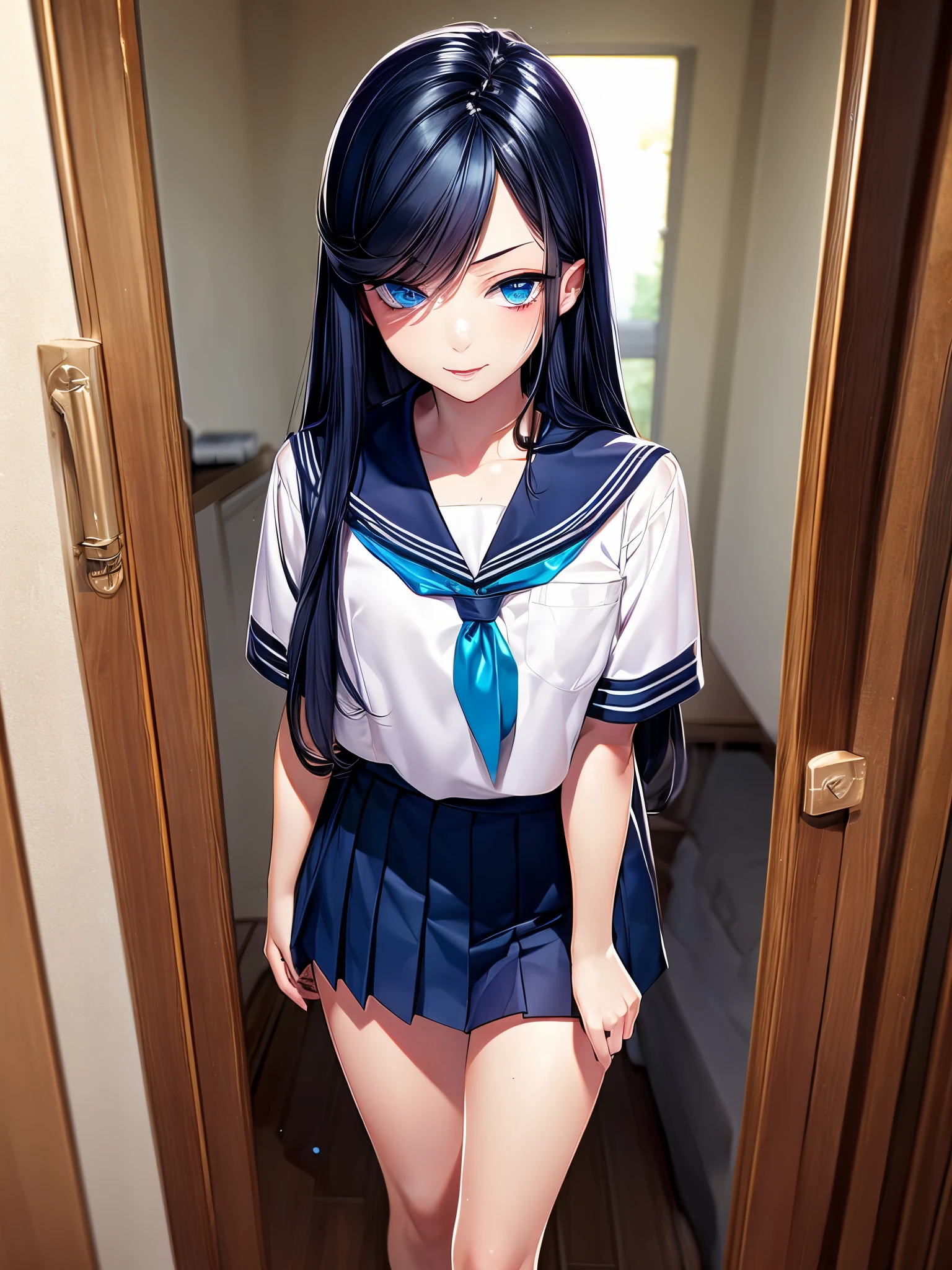 {{masterpiece}}}, {{{School Uniform}}}, {{{best quality}}}, {{ultra-detailed}}, {cinematic lighting}, {illustration}, {beautiful detailed eyes}, {1boy} [Femboy] (indoors), inside a bedroom, extremely detailed character ultra-detailed, detailed face, beautiful young teen, solo, perfect face, perfect eyes, smoky eyeliner, eyeshadow, sharp focus, intricate details, ultra detailed body, ultra detail hair, ultra detail face, long black hair, sadistic face, standing, wearing a white school sailor uniform, wearing a skirt, fair skin, hands at side, looking at viewer, blue eyes, dark blue hair, smirking, slim waist, delicate body, wearing women's clothes, flat chest, average height, sadistic, sharp face, cowboy shot, full body