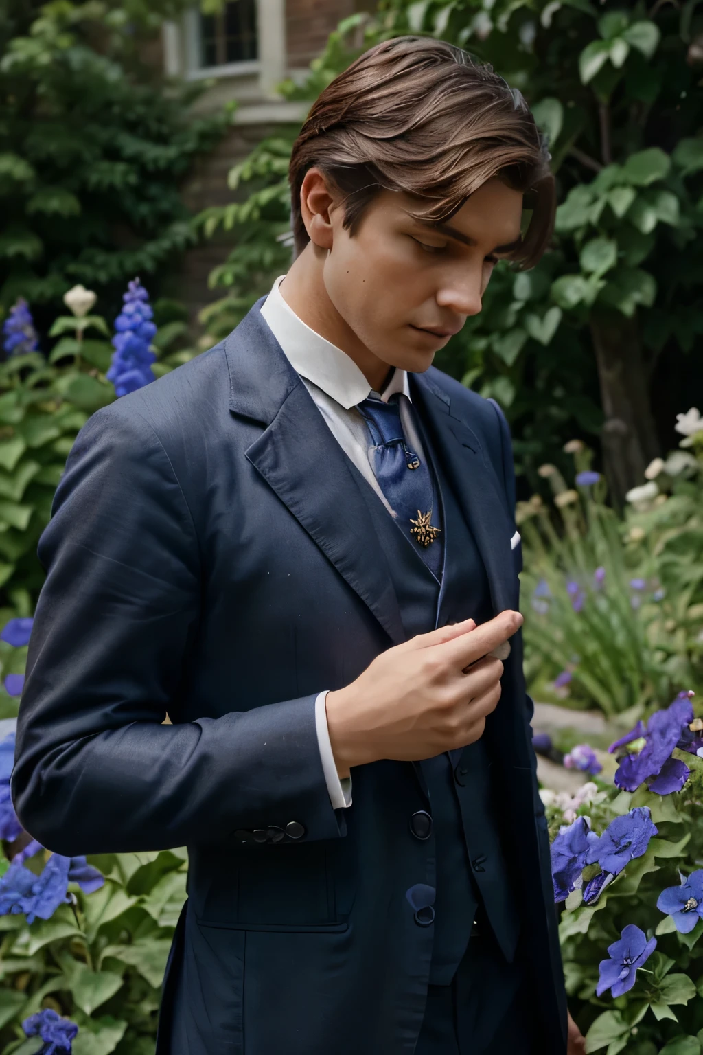 Hand of a young guy, Dressed in a brown suit in the fashion of 1886, the Victorian era touches the blue flowers and blue delphiniums in the garden., Close-up, color photography cinematic, photorealistic, day light.