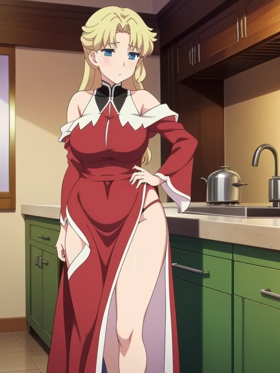 anime girl in red top and panties posing in kitchen, an anime drawing by Jin Homura, trending on pixiv, shin hanga, seductive anime girl, rin tohsaka, top rated on pixiv, beautiful alluring anime woman, fully clothed in red robes, attractive anime girl, anime moe artstyle, loli in dress, beautiful alluring anime teen