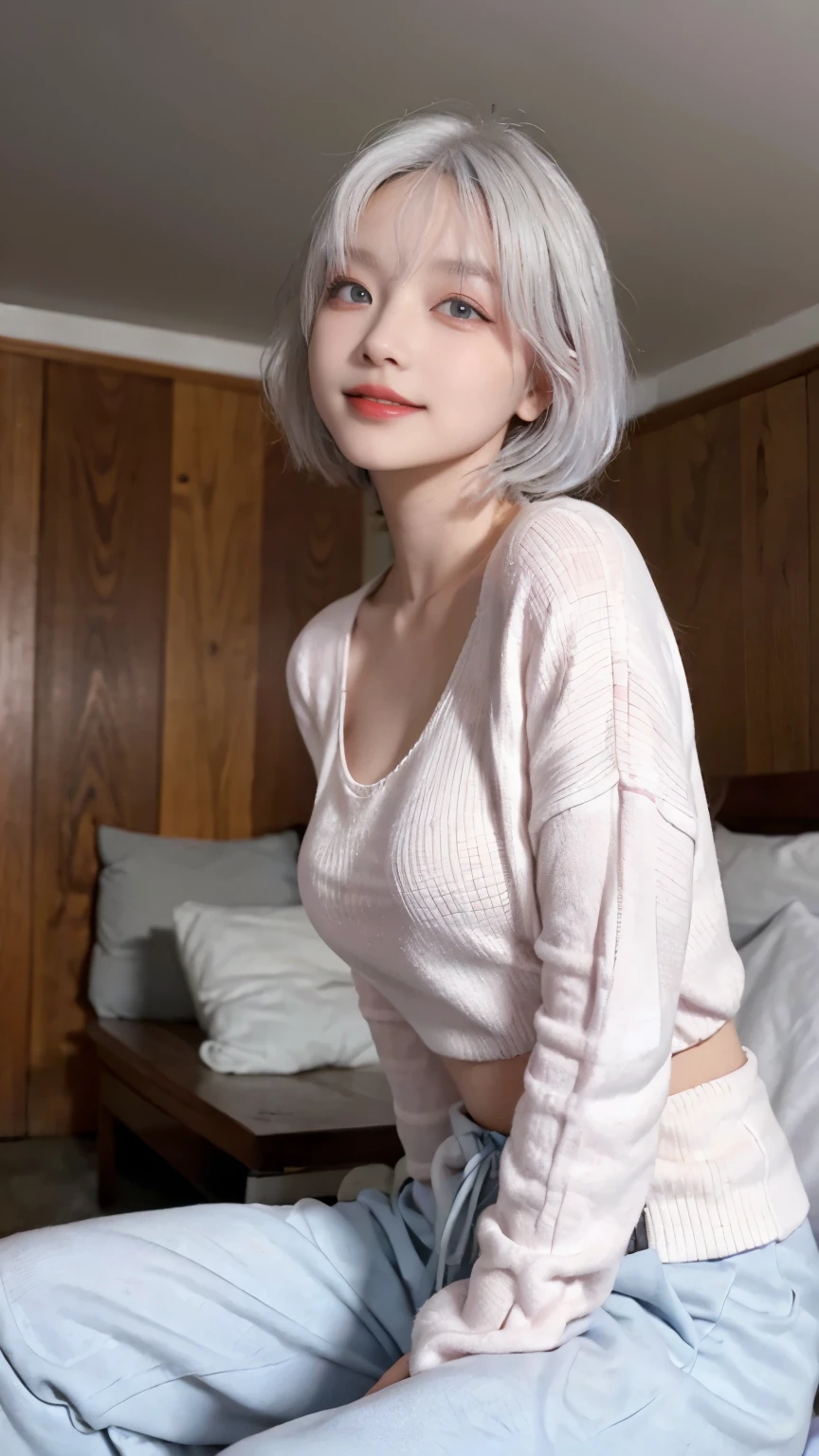 best image quality、RAW photo、ultra high resolution、21 years old Korean、small breasts、dynamic angle、cowboy shot、The most beautiful forms of chaos、elegant、innovative design、Bright colors、beautiful white hair、short bob、smile、glossy white skin、beautiful eyes with random colors、Very beautiful eyes down to the details、thin lips、detailed beautiful eyes、elongated eyes、pale pink cheeks、long eyelashes、beautiful double eyelids、eye shadow、city、big sweater、baggy pants、shot from the side、sit、sexy pose、zoom up