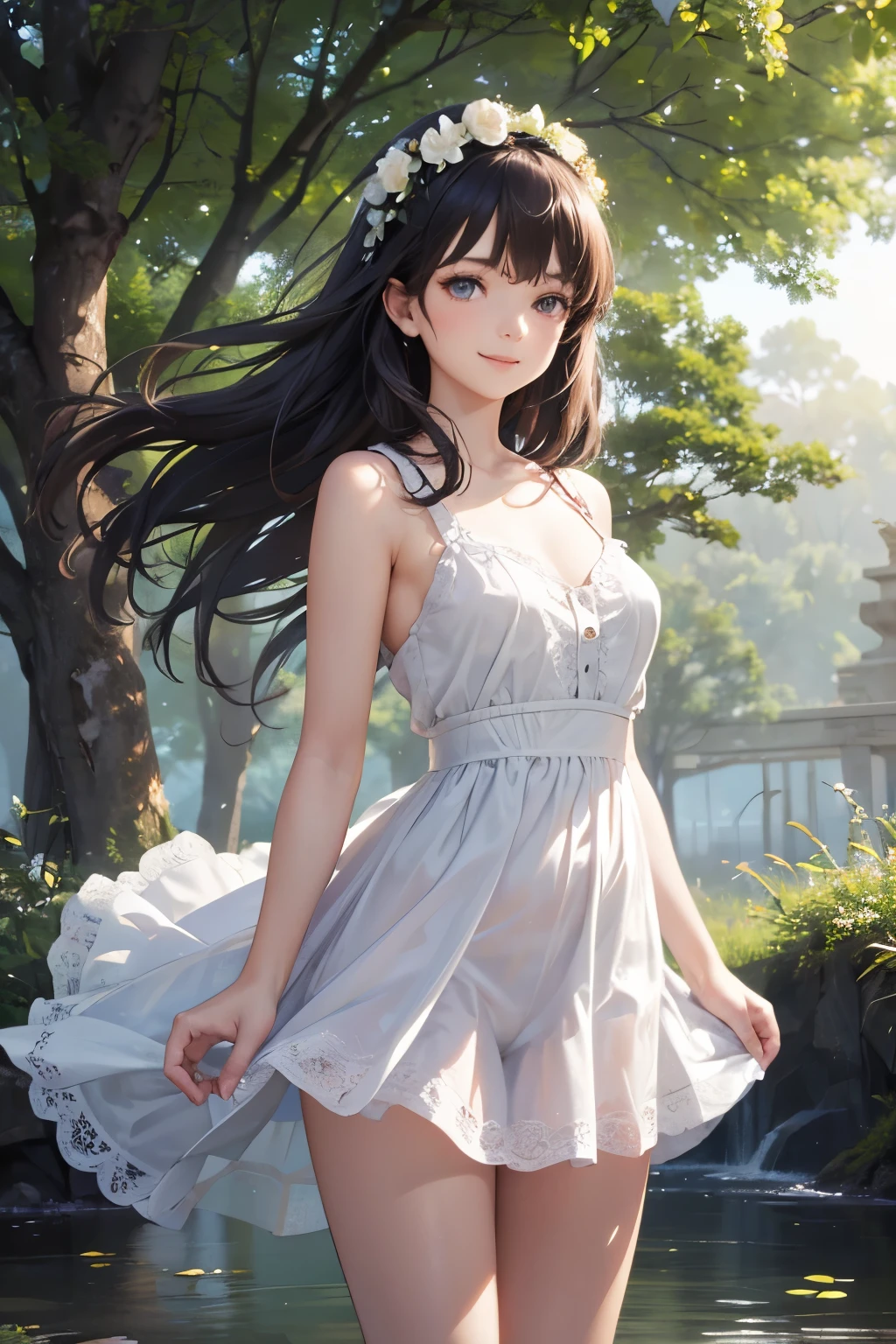 very cute and beautiful girl,frilled white sun dress with detailed lace,skirt lift,white panties,
(highly detailed beautiful face and eyes:1.2),cowboy shot,(smile),black hair,flower crown,
(standing by water spring in forest),fog,fantastic stone monument,detailed landscape,
(best quality,masterpiece:1.2),(intricate details),extremely detailed,highres,solo,
cinematic lighting,dim light,dynamic angle,hair fluttering in the wind,(realistic),