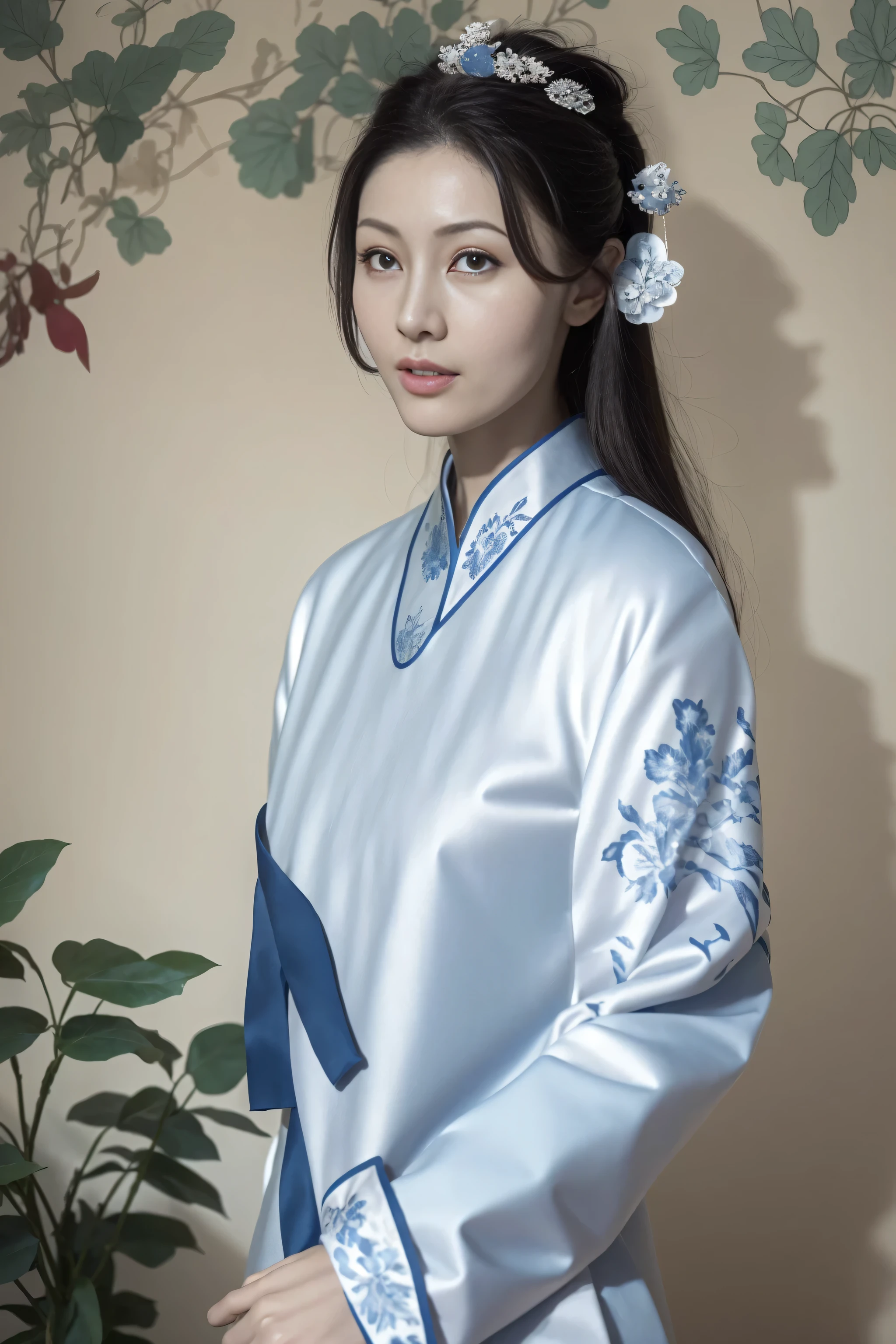 Blue and white porcelain style，Chinese style cheongsam，Chinese style，The clothing is decorated with blue and white porcelain patterns，Chinese art style，fashion model 18 years old [[[[Close-up cleavage]]]], [[[[]]]], [[[[rape]]]], [[[[shoulder]]]], perfect eyes, perfect iris，perfect lips，perfect teeth，perfect skin，White skin，Soft headlight，human development report，girl，long white hair，Chinese style bedroom in the background，4K Ultra HD, ultra high resolution, (lifelike: 1.4), best quality，masterpiece，Ultra-diluted，（pastel colors：1.2）
