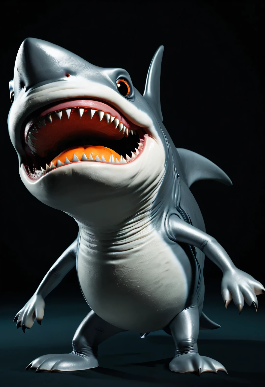 （character idea），Very unified CG design，SpongeBob&#39;sThe big shark Poseidon has a very unique appearance.，Standing height about 2 meters，Weight about 120kg，Strong build，muscular。His skin is dark blue，it&#39;full of spots，These spots are shaped like sponges，His eyes are black，sharp vision，His teeth are sharp and pointy，intimidating，behind head，he has a long fin，His arms and legs are very strong，Claws as sharp as hooks，His tail is big and powerful，So he can swim in the water，SpongeBob海神波塞冬被一层粘稠液体覆盖，This layer of liquid emits weak fluorescence，Make him look more mysterious，His appearance is full of strength and wildness，