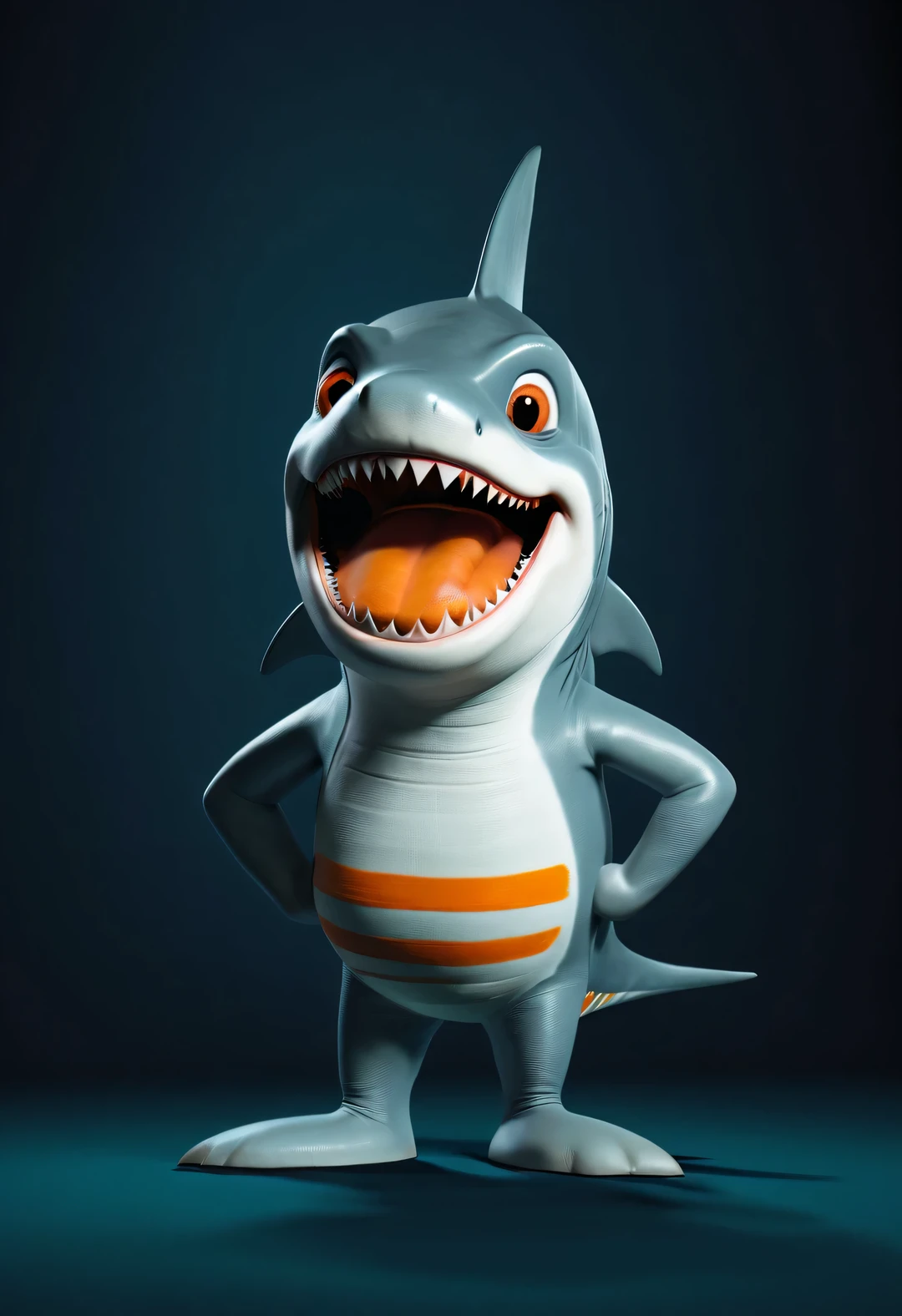 character idea，scenography，Very unified CG design，（Oscar the Shark is being interviewed on TV：1.2），Oscar the baby shark has a silver body，with orange stripes，The mouth is also small，His eyes were big and bright，Always sparkling with wisdom and curiosity，His tail is very strong，His eyes are sharp and alert，The orange stripes on the body are more vivid，Oscar is a very unique and interesting person，inspired by《shark tale》，backstage talk show