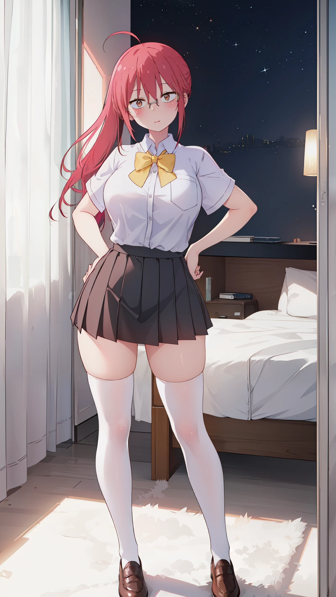 kobayashi_kobayashisanchinomaidragon, glasses, red_hair, blush, ponytail, bangs, closed_mouth, brown_eyes,
(day:1.7), in a room with curtains on the windows,indoors, Standing at attention
1 girl, 20yo,YOUNG female,Beautiful Finger, Beautiful long legs ,Beautiful body ,Beautiful Nose ,Beautiful character design, perfect eyes, perfect face,
this character is standing in a dress wearing thigh high boots with black socks, 1girl, solo, thighhighs, white background, ahoge, long hair, white thighhighs, simple background, hand on hip, full body, bow, school uniform, looking at viewer, bowtie, shoes, loafers, (very short skirt:1.4), ribbon, (white shool shirt:1.2), (black plated skirt:1.2), (shirt tucked into skirt:1.2), (The skirt isn't torn:1.2), (short sleeves shirt:1.2), (The shirt is tight:1.2)
looking at viewer, in the center of the image, under butt
official art, extremely detailed CG unity 8k wallpaper, perfect lighting,Colorful, Bright_Front_face_Lightinasterpiece:1.0),(best_quality:1.0), ultra high res,4K,ultra-detailed,
photography, 8K, HDR, highres, absurdres:1.2, Kodak portra 400, film grain, blurry background, bokeh:1.2, lens flare, (vibrant_color:1.2)
, (beautiful_face:1.5),(narrow_waist), (Beautiful,Huge_Breasts:1.3)