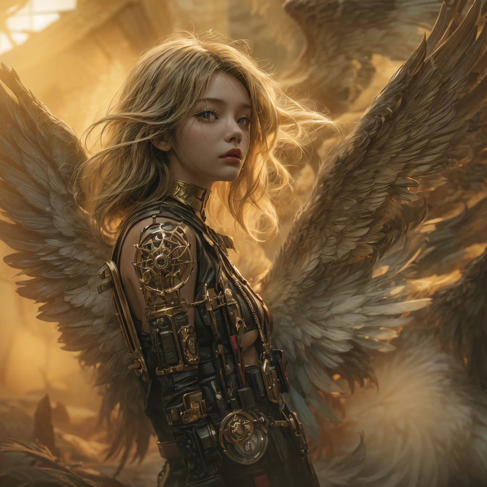 A photograph captures a fleeting moment where a girl embodies the essence of both an angel and a cyberpunk-steampunk muse. Amidst swirling smoke, use the ((golden hour)) to infuse the scene with warmth, highlighting the ((emotional)) juxtaposition of ethereal wings and futuristic elements.