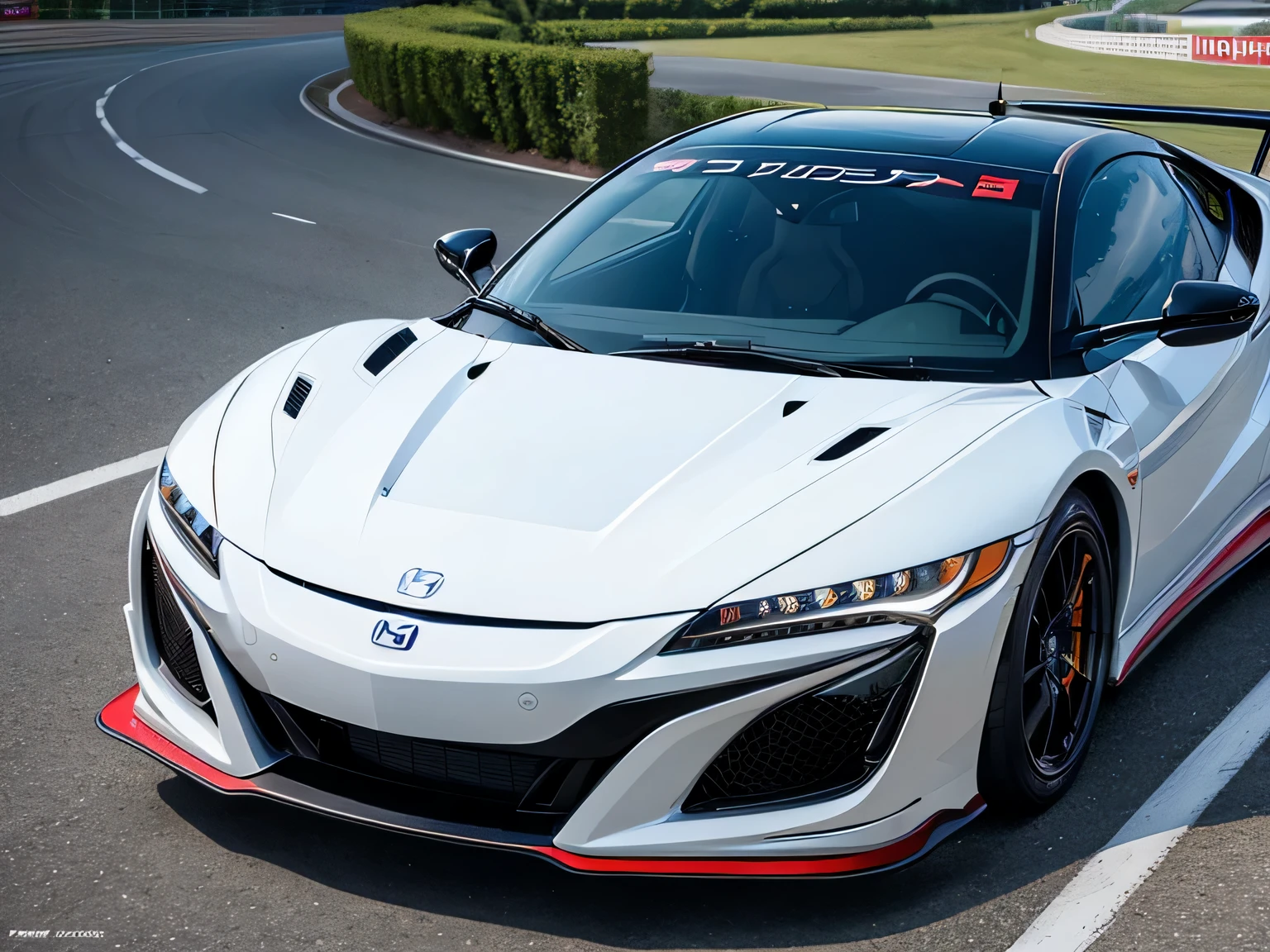 ultra high resolution、super high quality、8K、Wonderful expression with attention to detail、Midsummer Circuit、White racing car、Honda NSX 3000GT Hybrid Turbo