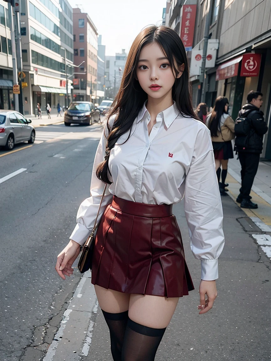 (woman:1.2)(bodybuilding:0.8),masterpiece,lifelike,There is a woman person walking on the sidewalk wearing a skirt, The picture is inspired by Cheng Jiasui, CG trends, dreamlike reality, Wearing a skirt and high socks, and skirt, a hyperRealistic woman students, hyperRealistic woman students, Japanese woman students school uniform, Beautiful anime woman high school student, Real life anime woman girls, Realistic woman students