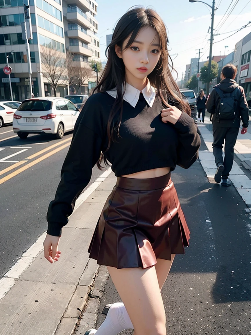 photorealistic, high resolution, 1women, solo, hips up, look at viewer, (detailed face), colorful street wear, skirt, thighhighs, tattoo, jewelry
