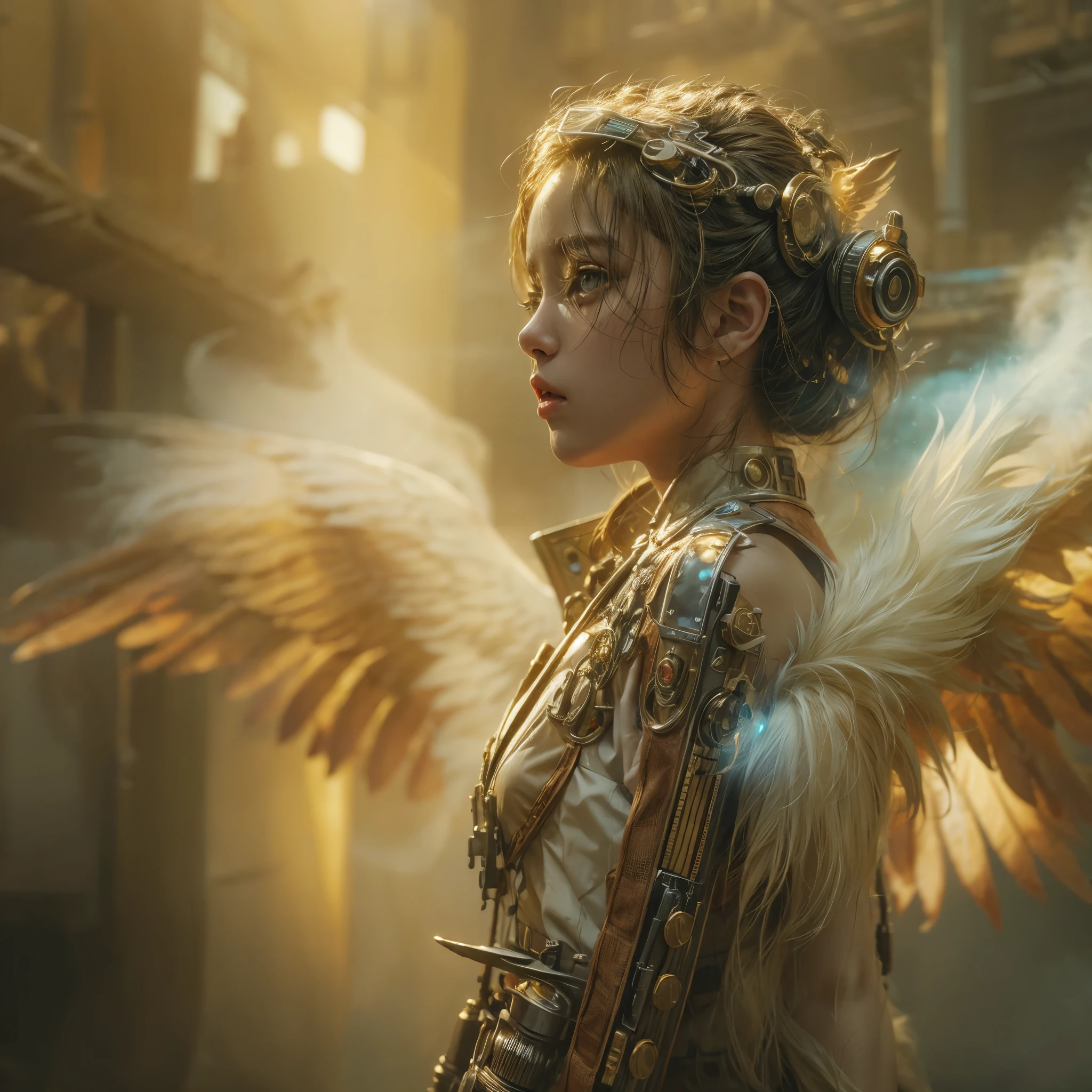 A photograph captures a fleeting moment where a girl embodies the essence of both an angel and a cyberpunk-steampunk muse. Amidst swirling smoke, use the ((golden hour)) to infuse the scene with warmth, highlighting the ((emotional)) juxtaposition of ethereal wings and futuristic elements.