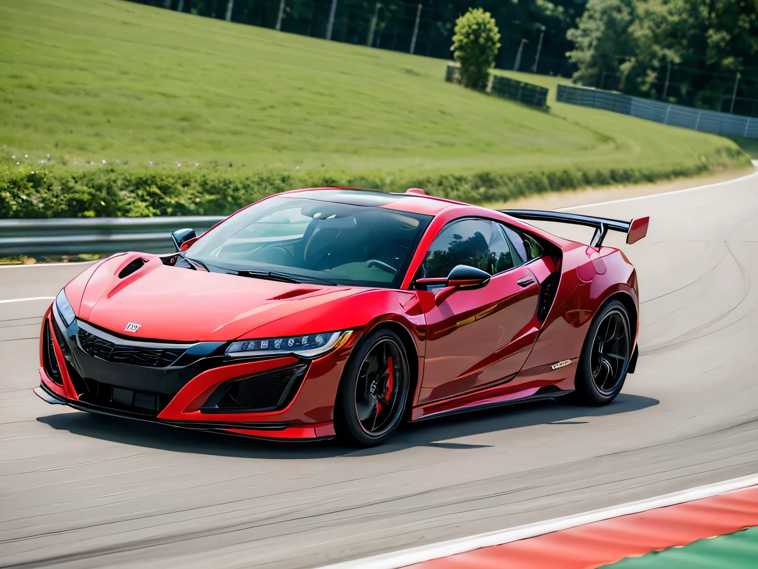 ultra high resolution、super high quality、8K、Wonderful expression with attention to detail、Midsummer Circuit、Red stopped in the pit、green、white tricolor racing car、Honda NSX 3000GT Hybrid Turbo　