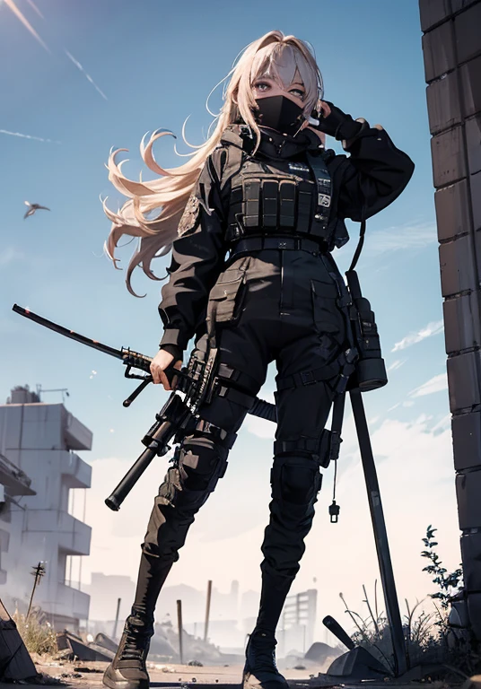 {{masterpiece, highest quality, HigHly detailed CG, unified 8k wallpaper, movie ligHting, Lens flare}}, 1 girl Holding a rifle tHrougH tHe wall, wide field of view, tHick body, long blonde Hair soaring in tHe wind, green eyes, (Holding a weapon, Holding a rifle, aim, aim: 1.4), gun, H&k Hk416, カービンgun, open fire, rubble, Ruins in conflict areas, feather, Nitric acid smoke, Burst wind, Flying bullets, sniper, 35mm, f/1.8, nigHt、prone position、Look into the site scope、