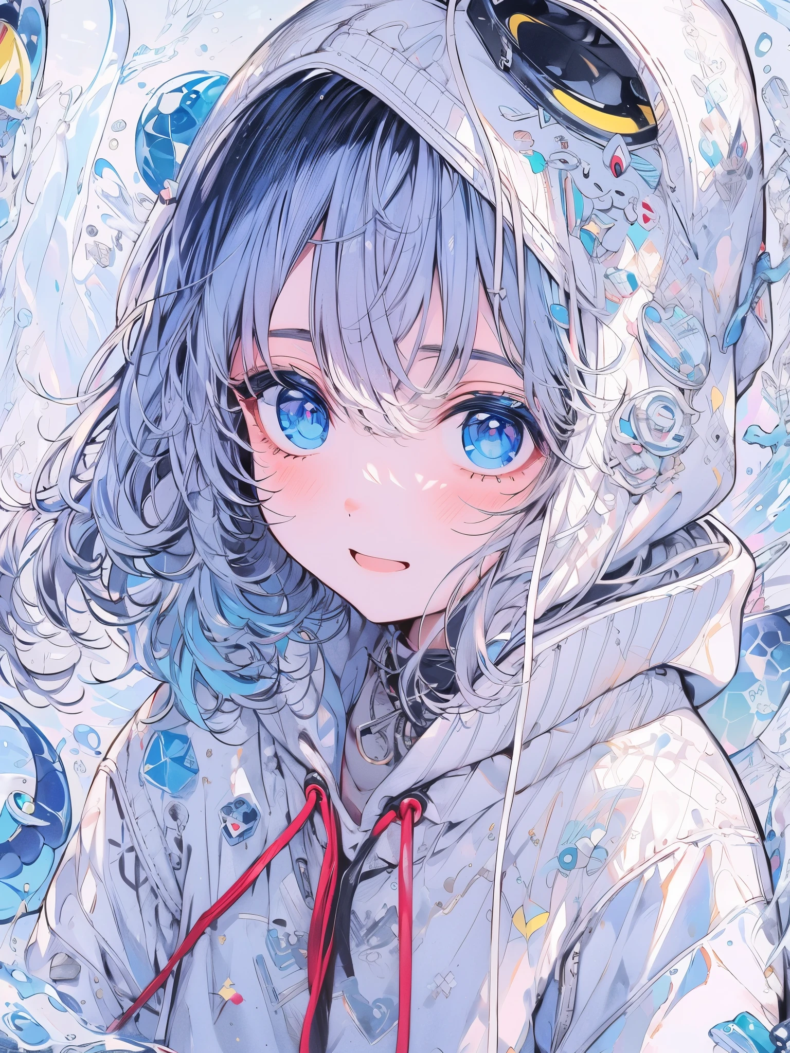 ((highest quality)), ((masterpiece)), ((Super detailed)), (extremely delicate and beautiful), girl, Report, cold attitude,((White hoodie)),彼女はandても(relax)and(calm down)I can see,Depth of bounds written,evil smile,Bubble, in water, air bubble,Underwater world bright light blue eyes,明るい白髪and水色の先端を持つインナーカラー,,,,,,,,,,,,,,,,,,,,,,,cold background,Bob Hair - Linear Art, shorts、knee high socks、white uniform that looks like a school uniform、light blue ribbon tie、clothes are transparent、The hand in my right pocket is like a sapphire,Fronresse Blue, A small blue light was floating、fantastic eyes、Self snap,self shot、bangs fall into the eye, give a sexy impression.((Dragon's Eye))