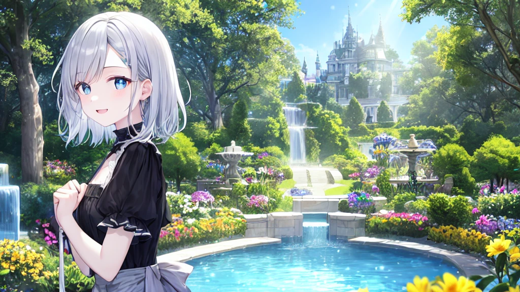 super high quality, with a girl, 20-year-old, とてもshort hair, long bangs between the eyes, pale blue eyes , blue sky, sunlight, very detailed,(masterpiece、highest quality)、alone、gray hair、laughter、White skin as clear as snow、fantasy, silver hair, black eye, beautiful eyes,, ecstasy, charm, be smitten with audience, short hair,blue sky , sunlight,fantasyな風景,fountain in the forest、flower garden