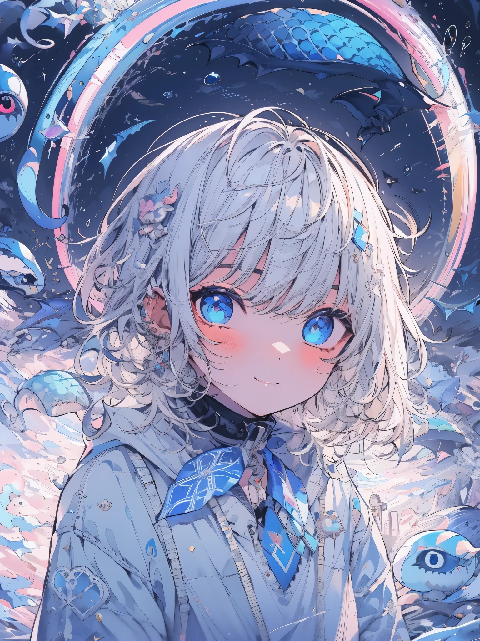 ((highest quality)), ((masterpiece)), ((Super detailed)), (extremely delicate and beautiful), girl, Report, cold attitude,((White hoodie)),彼女はandても(relax)and(calm down)I can see,Depth of bounds written,evil smile,Bubble, in water, air bubble,Underwater world bright light blue eyes,明るい白髪and水色の先端を持つインナーカラー,,,,,,,,,,,,,,,,,,,,,,,cold background,Bob Hair - Linear Art, shorts、knee high socks、white uniform that looks like a school uniform、light blue ribbon tie、clothes are transparent、The hand in my right pocket is like a sapphire,Fronresse Blue, A small blue light was floating、fantastic eyes、Self snap,self shot、bangs fall into the eye, give a sexy impression.((Dragon's Eye))