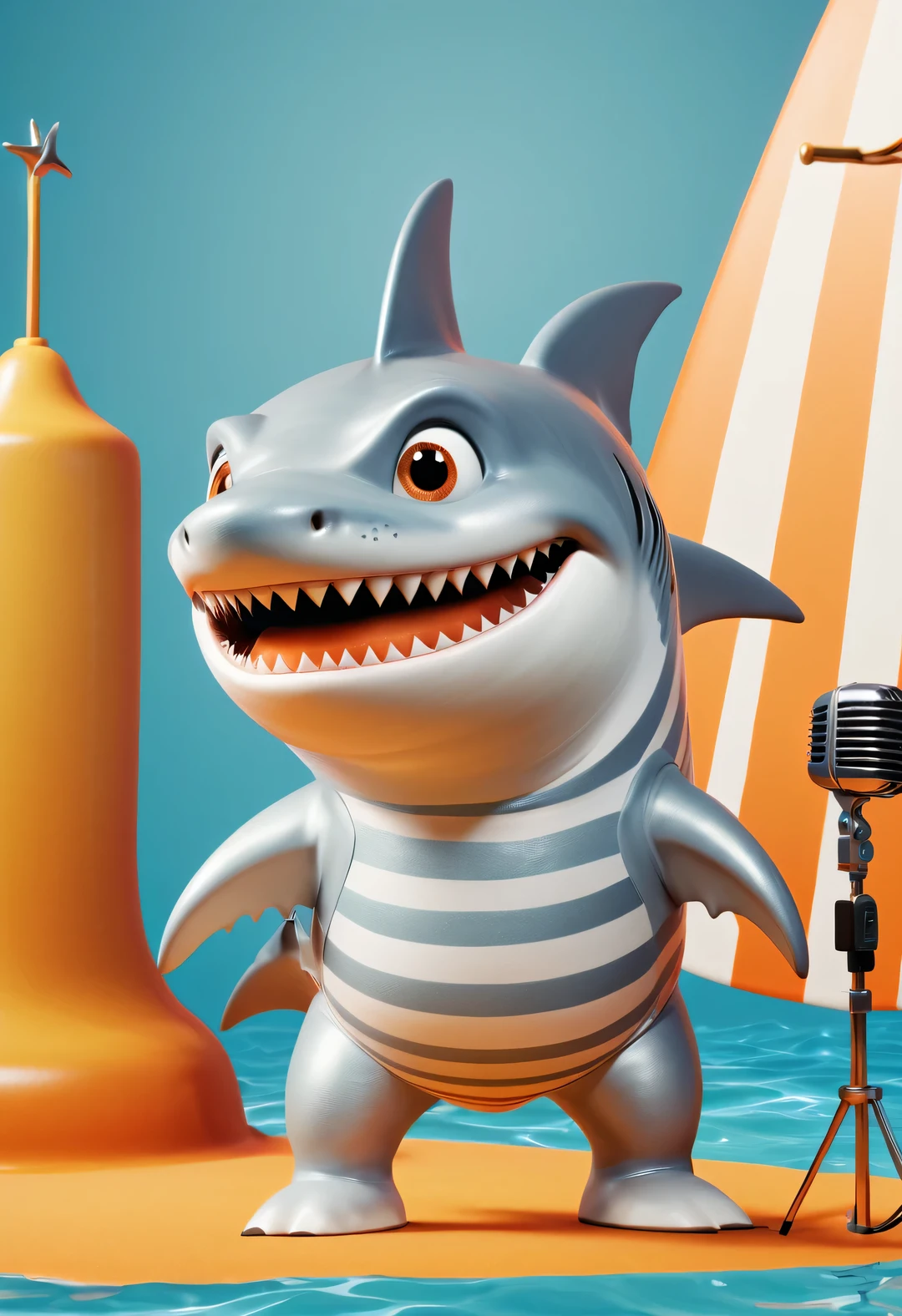 Cartoon poster design,character idea,scenography,Very unified CG design,(Oscar the Shark is being interviewed on TV:1.2),Oscar the baby shark has a silver body,with orange stripes,The mouth is also small,His eyes were big and bright,Always sparkling with wisdom and curiosity,His tail is very strong,His eyes are sharp and alert,The orange stripes on the body are more vivid,Oscar is a very unique and interesting person,inspired by《shark tale》,backstage talk show