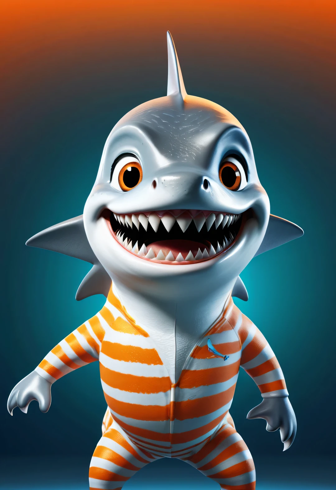 Cartoon poster design,character idea,scenography,Very unified CG design,(Oscar the Shark is being interviewed on TV:1.2),Oscar the baby shark has a silver body,with orange stripes,The mouth is also small,His eyes were big and bright,Always sparkling with wisdom and curiosity,His tail is very strong,His eyes are sharp and alert,The orange stripes on the body are more vivid,Oscar is a very unique and interesting person,inspired by《shark tale》,backstage talk show