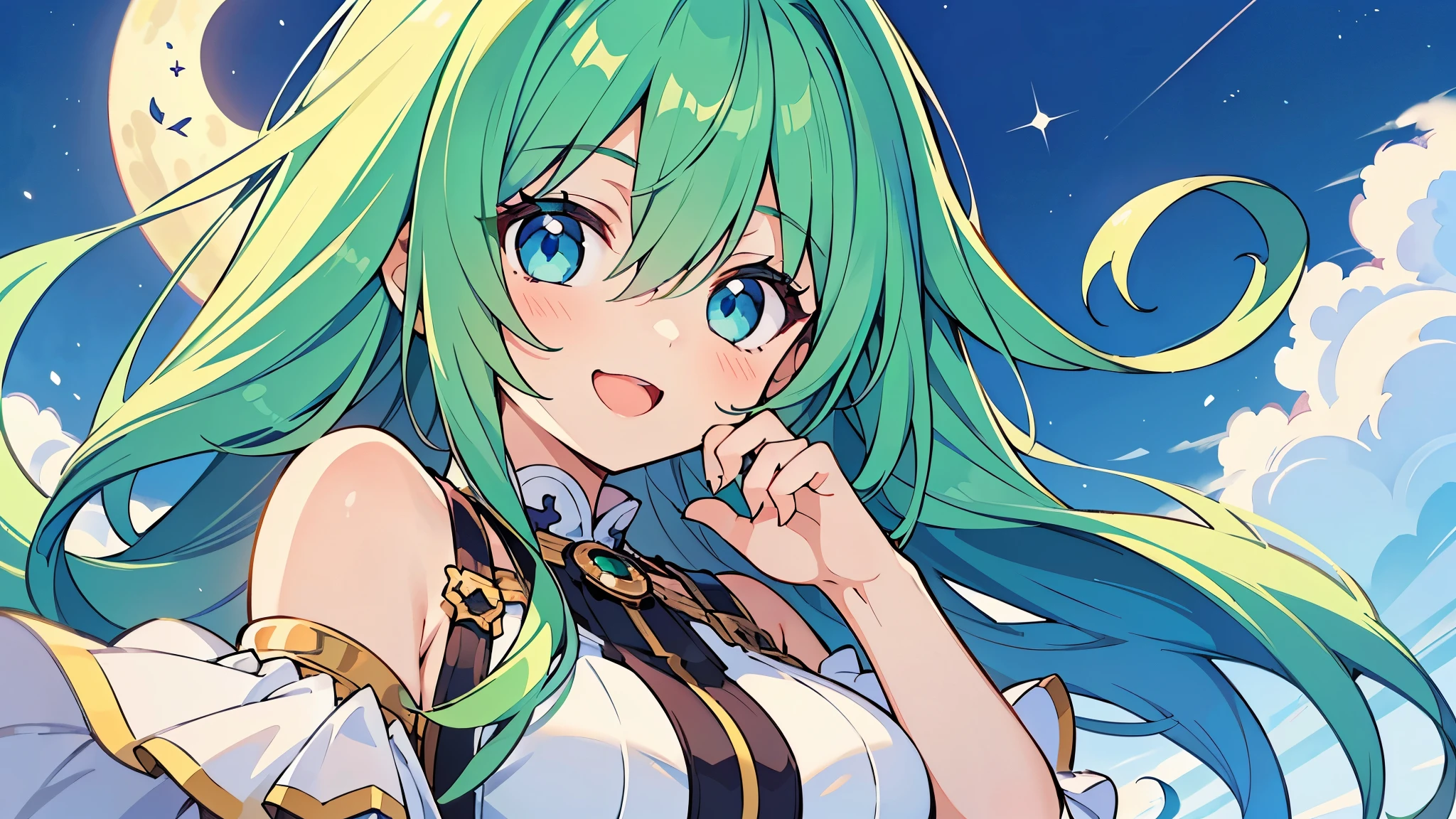 ((A Pretty  girl with green hair and blue eyes)), wearing one-piece dress, Loli face, ((master piece, top-quality, ultra-definition, high resolution)), anime girl, ((ultra-detailed illust:1.2)), only one person, bangs, hair between eye, beautiful hair, Beautiful eyes, Medium breasts, Big smile, opened mouth, enjoying, moon