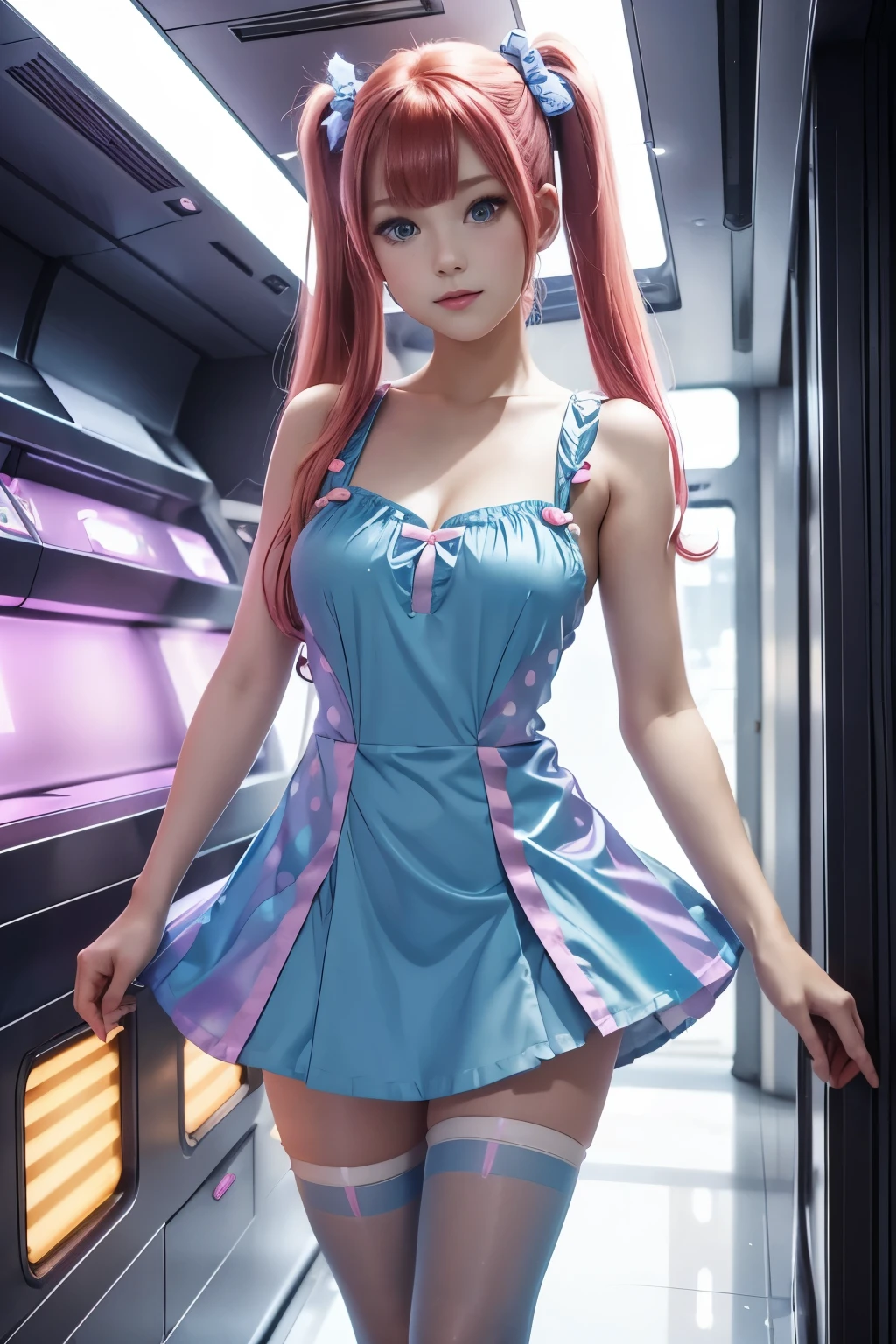 Cute redhead, gravure Idol, with rainbow colored hair tips, ribbons in her hair, 18-year-old woman, happy, in twin tails, perfect symmetrical eyes, clear sparkling blue eyes, pale skin, silky smooth skin, standing on a fancy luxurious space ship, large futuristic corridor, control panels, wood trim, decorative plants, warm lighting, wearing a futuristic party dress, pleated (chemise) mini dress (pastel rainbow colors, and polka dots), wearing full body pantyhose, cute short cut booties.