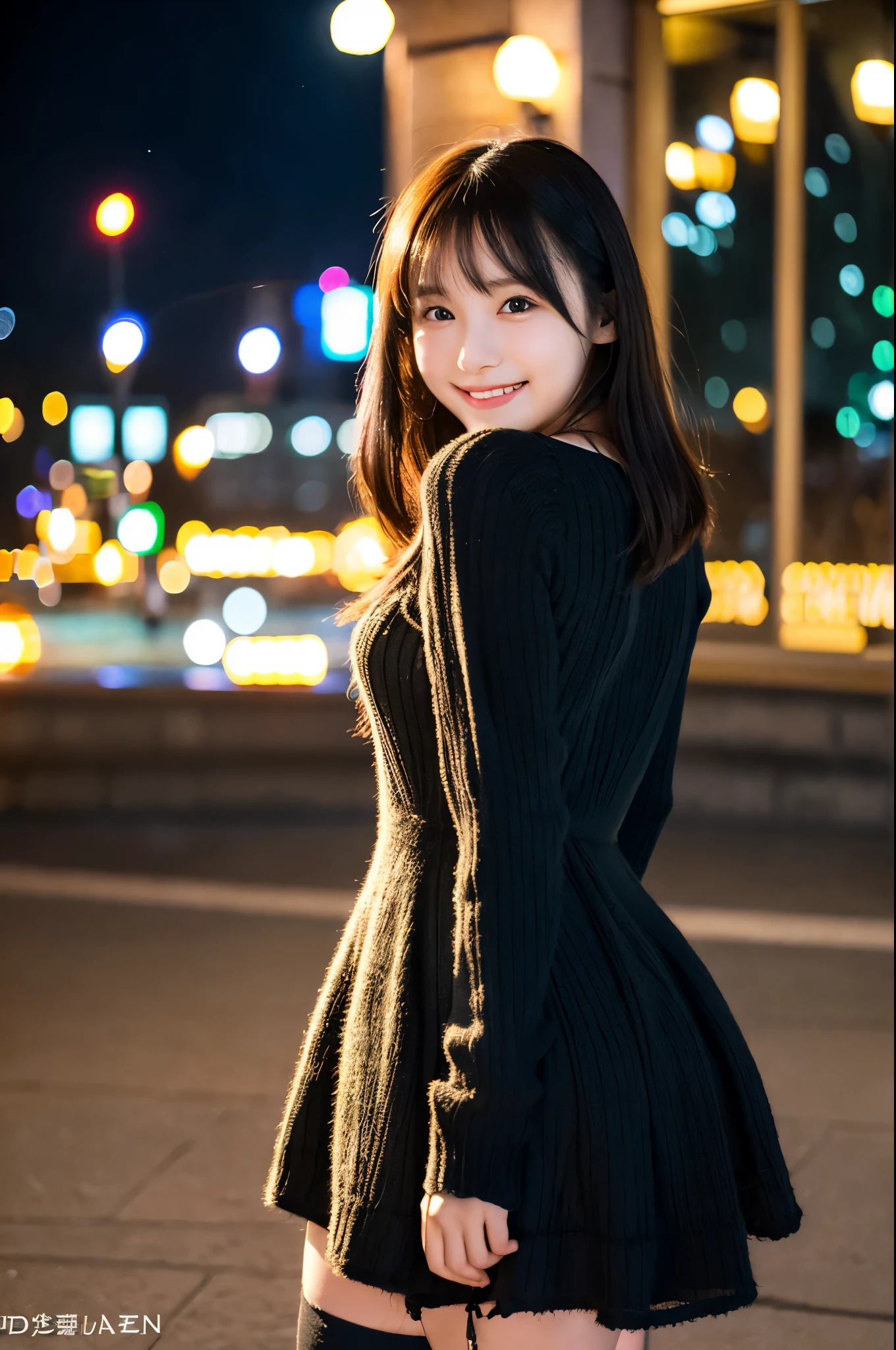 Ulchan-6500-v1.1, (RAW photo:1.2), (Photoreal), beautiful detailed girl, (genuine: 1.4), very detailed目と顔, ((knit dress、Super realistic black tights))、((Illumination plaza at night:1.2)), Self snap, Instagram、game_ticker, huge file size, High resolution, very detailed, highest quality, [masterpiece:1.6], enlightenment, very detailed, nffsw, finely, highest quality, 8k wallpaper, movie lighting, 1 girl, 17 years old, perfect body shape, cute droopy eyes beautiful big eyes、 highest quality, 1 girl, eye shadow,  portrait, ((full body shot:1.4))、(very affectionate smile:1.2)、taken from behind、realistic skin texture、shiny skin、looked back!!!、exposed thighs!!!