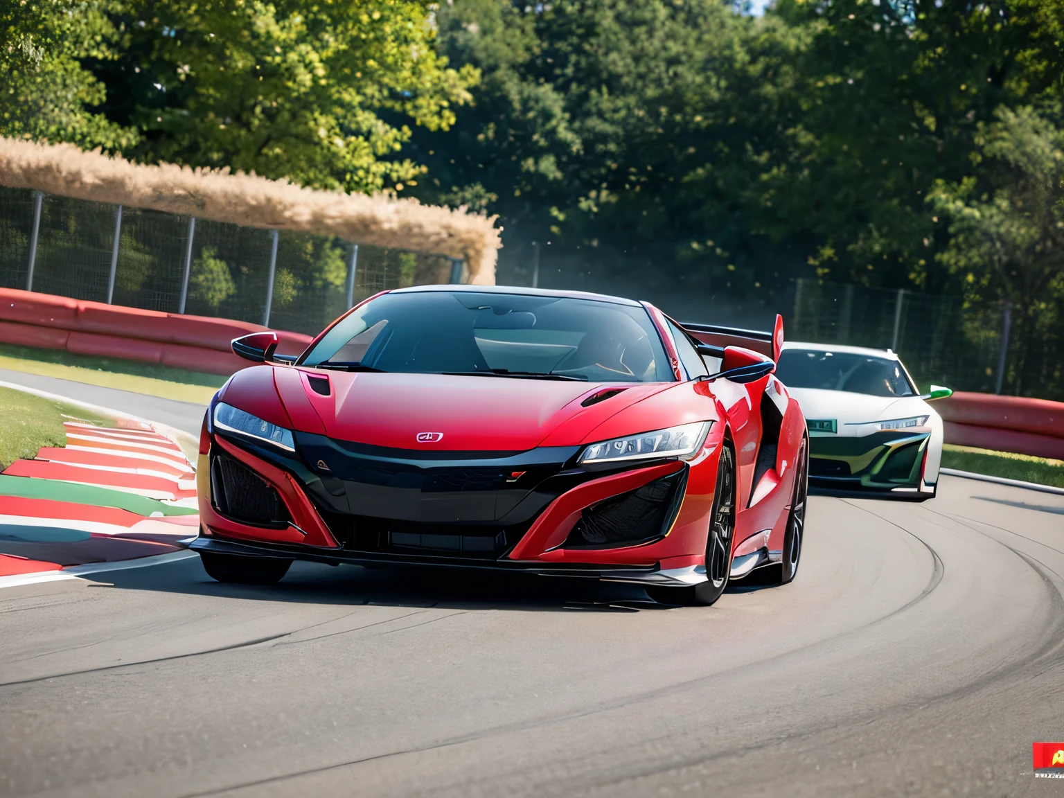 ultra high resolution、super high quality、8K、Wonderful expression with attention to detail、Midsummer Circuit、Red stopped in the pit、green、white tricolor racing car、Honda NSX 3000GT Hybrid Turbo　
