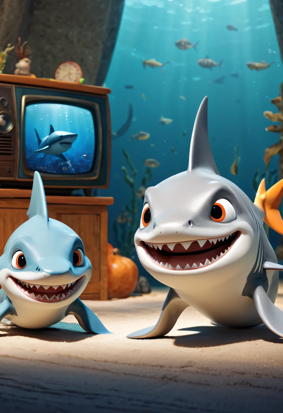 （character idea），Very unified CG design，SpongeBob&#39;sThe big shark Poseidon has a very unique appearance.，Standing height about 2 meters，Weight about 120kg，Strong build，muscular。His skin is dark blue，it&#39;full of spots，These spots are shaped like sponges，His eyes are black，sharp vision，His teeth are sharp and pointy，intimidating，behind head，he has a long fin，His arms and legs are very strong，Claws as sharp as hooks，His tail is big and powerful，So he can swim in the water，SpongeBob海神波塞冬被一层粘稠液体覆盖，This layer of liquid emits weak fluorescence，Make him look more mysterious，His appearance is full of strength and wildness，