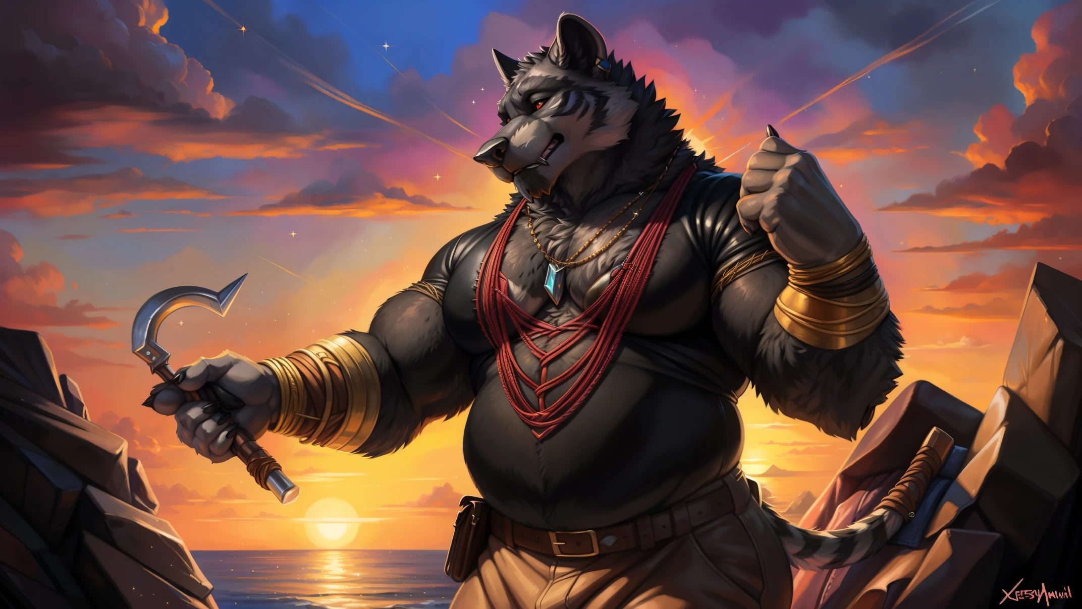  [🏃🏿‍♀️👩‍❤️‍💋‍👩], (absurd res), ((ultra high resolution)), (((beautiful quality))), (isometric view), (breathtaking painstakingly detailed background), (impressive lighting), (sunset clouds), (floating hearts), ((sparkles)), confetti, sunlight, ⫷|⫸ by foxovh, by sligarthetiger, by cumbread, by gammainks, by seibear, by lollipopcon, by dizzyknight, by greasymojo, by xpray, by roly, by personalami, by honovy, by thebigslick, by taran fiddler, by kenket, ⫷|⫸ jewelry, necklace, bracelet, colorful accessories, ear accessory, arm accessory, neck accessory, (leg accessory), ⫷|⫸ (fuzzy furry body:1.6), (detailed face), (tall body), tall ears, fur pattern, (raised tail), [slightly chubby anthro], (mature male:1.5), (dark black fur:1.7), (a black tiger), professional photoshoot, (laced clothing:1.6)
