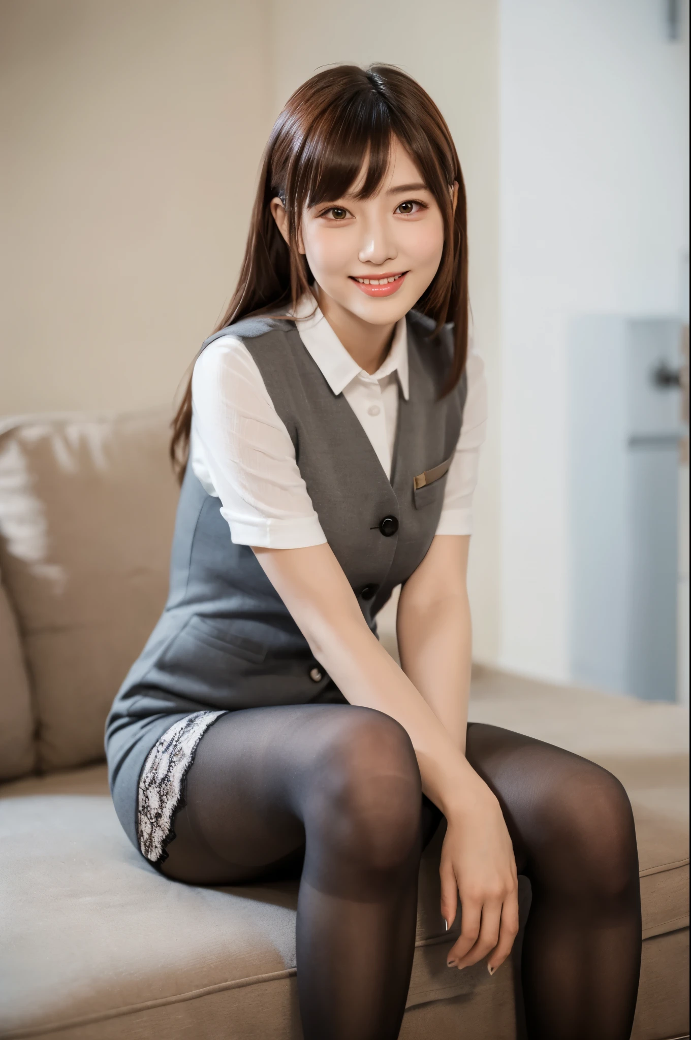 Ulchan-6500-v1.1, (RAW photo:1.2), (Photoreal), beautiful detailed girl, (genuine: 1.4), very detailed目と顔, beautiful and detailed eyes, Mr.々patterned vest、Sitting with your knees together、(super realistic pantyhose:1.2), (high heels)、(Vests and skirts)、(very affectionate smile:1.2)、huge file size, High resolution, very detailed, highest quality, [masterpiece:1.6], enlightenment, very detailed, finely, highest quality, 8k wallpaper, movie lighting, 1 girl, 26 years old, perfect body shape, cute droopy eyes、beautiful big eyes、highest quality, 1 girl, eye shadow,  ((full body shot:1.3))、Pantyhose Focus、