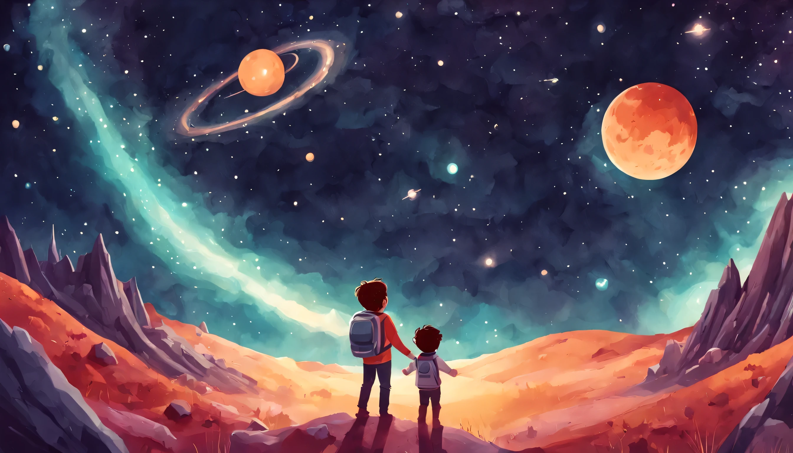 Space white Children's Book Illustration, Galactic Color Palette, Meteor Shower, Outer Space Landscape, Cosmic Night, Wonder-filled Mood, KidsRedmAF,