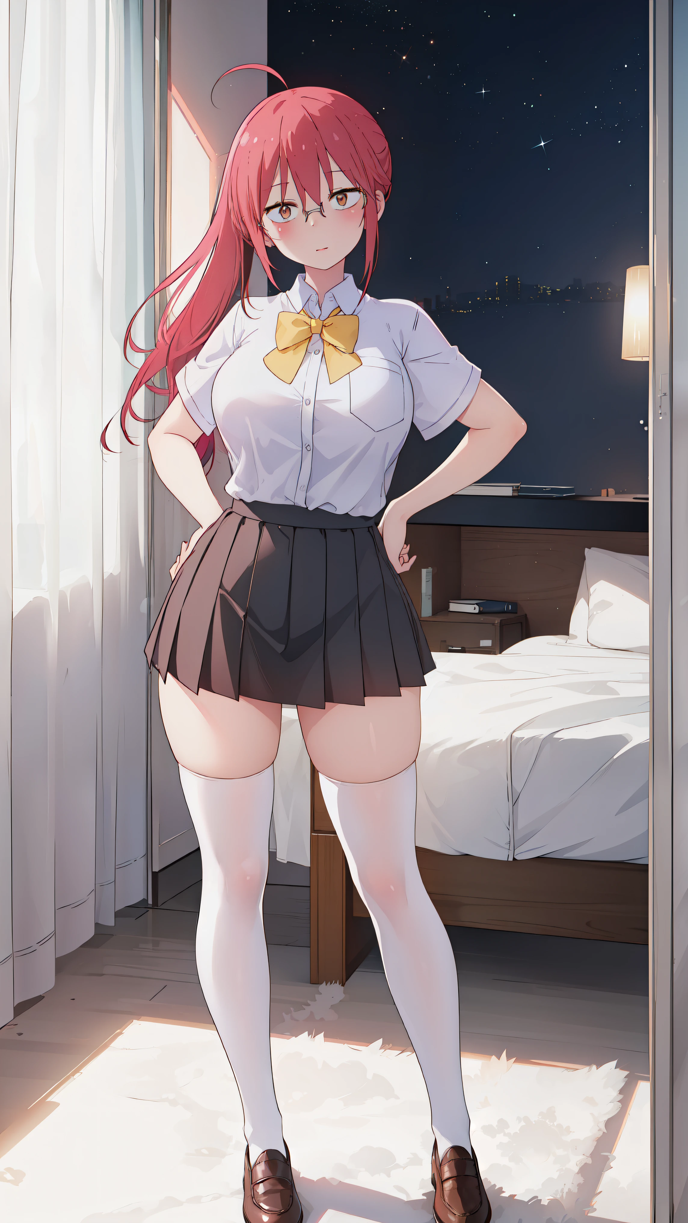 kobayashi_kobayashisanchinomaidragon, glasses, red_hair, blush, ponytail, bangs, closed_mouth, brown_eyes, 

(day:1.7), in a room with curtains on the windows,indoors, Standing at attention

1 girl, 20yo,YOUNG female,Beautiful Finger, Beautiful long legs ,Beautiful body ,Beautiful Nose ,Beautiful character design, perfect eyes, perfect face,

this character is standing in a dress wearing thigh high boots with black socks, 1girl, solo, thighhighs, white background, ahoge, long hair, white thighhighs, simple background, hand on hip, full body, bow, school uniform, looking at viewer, bowtie, shoes, loafers, (very short skirt:1.4), ribbon, (white shool shirt:1.2), (black plated skirt:1.2), (shirt tucked into skirt:1.2), (The skirt isn't torn:1.2), (short sleeves shirt:1.2), (The shirt is tight:1.2)

looking at viewer, in the center of the image, under butt

official art, extremely detailed CG unity 8k wallpaper, perfect lighting,Colorful, Bright_Front_face_Lightinasterpiece:1.0),(best_quality:1.0), ultra high res,4K,ultra-detailed,
photography, 8K, HDR, highres, absurdres:1.2, Kodak portra 400, film grain, blurry background, bokeh:1.2, lens flare, (vibrant_color:1.2)
, (beautiful_face:1.5),(narrow_waist), (Beautiful,Huge_Breasts:1.3)