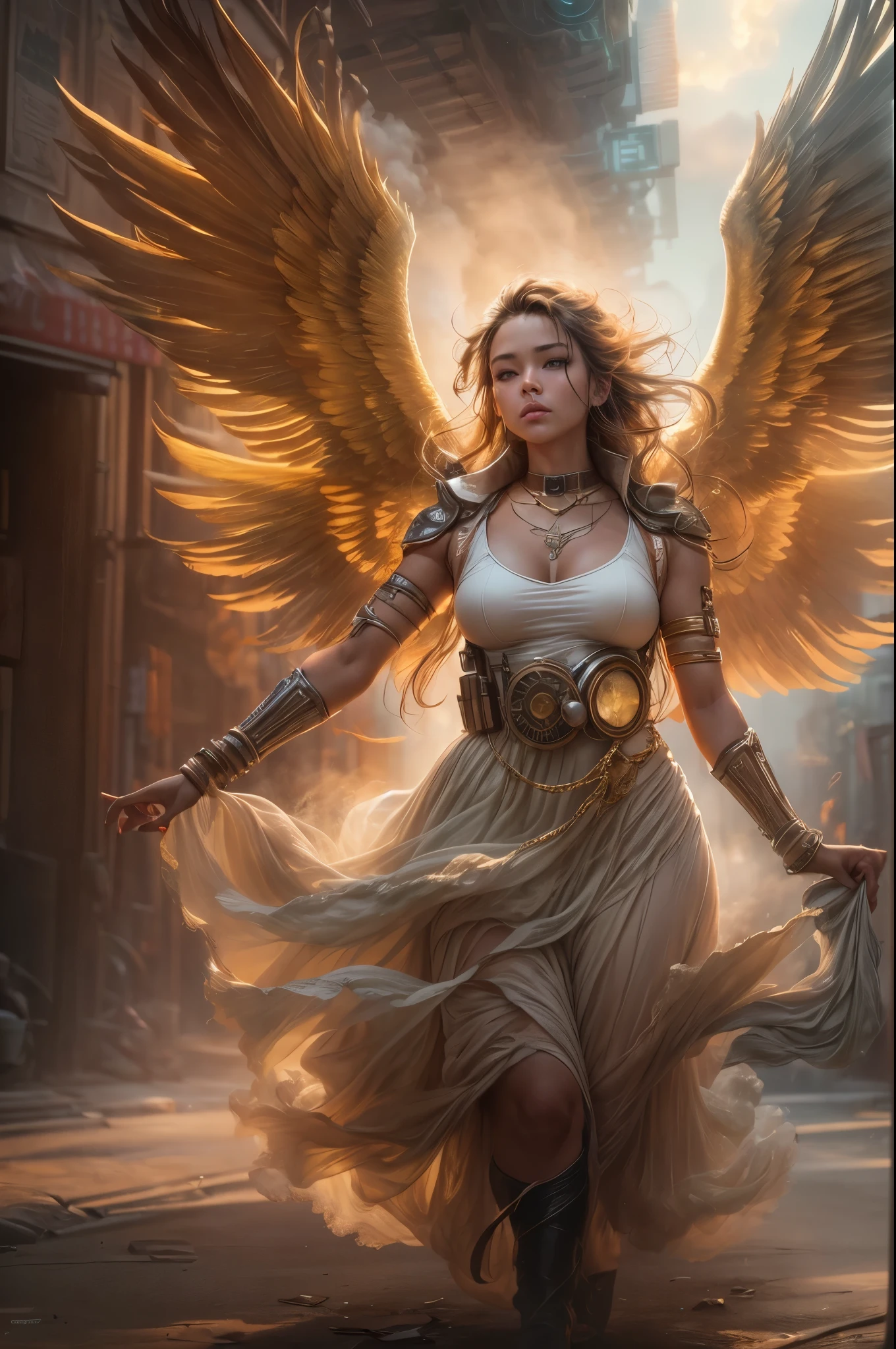 A photograph captures a fleeting moment where a girl embodies the essence of both an angel and a cyberpunk-steampunk muse. Amidst swirling smoke, use the ((golden hour)) to infuse the scene with warmth, highlighting the ((emotional)) juxtaposition of ethereal wings and futuristic elements.