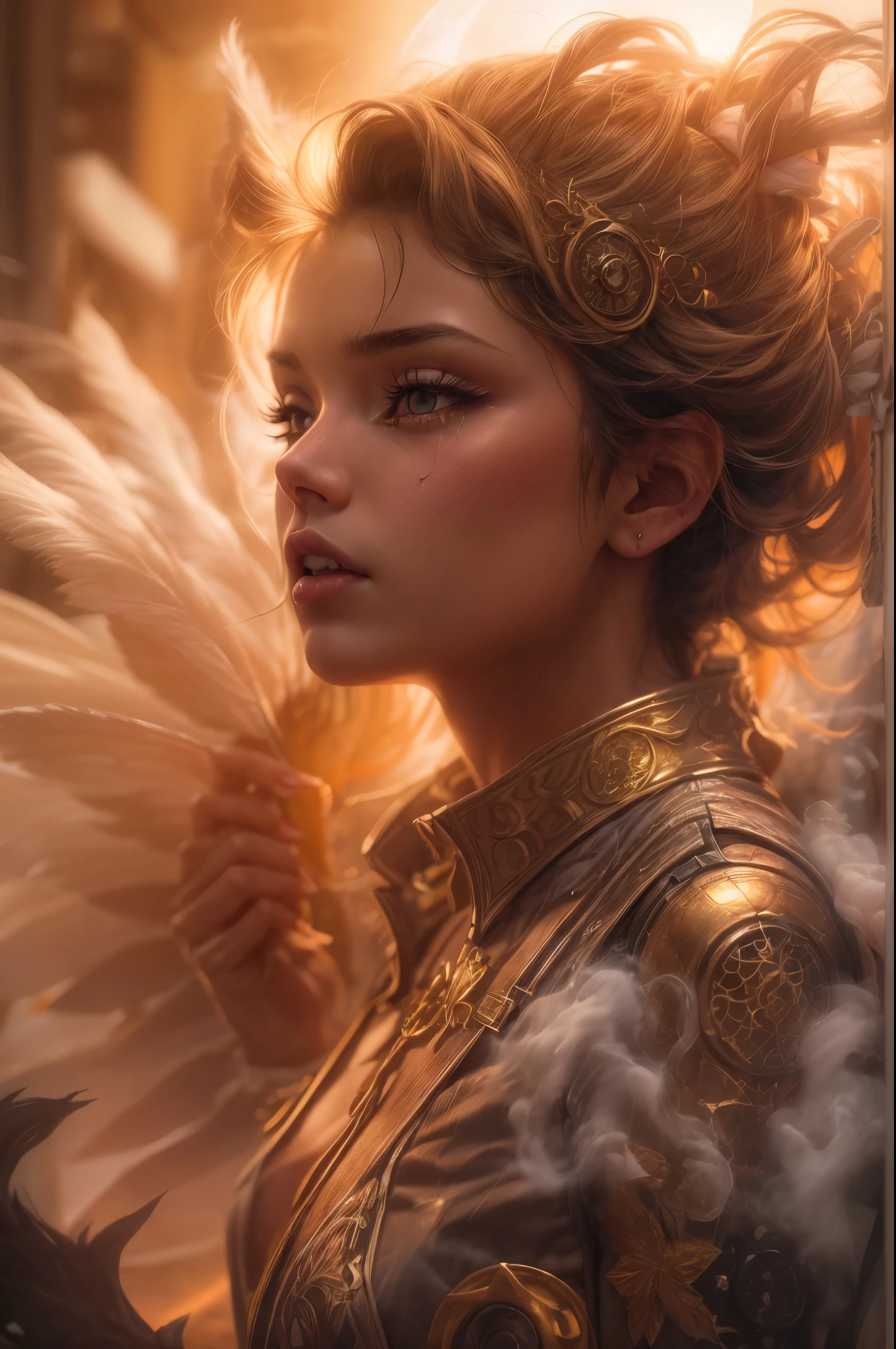 A photograph captures a fleeting moment where a girl embodies the essence of both an angel and a cyberpunk-steampunk muse. Amidst swirling smoke, use the ((golden hour)) to infuse the scene with warmth, highlighting the ((emotional)) juxtaposition of ethereal wings and futuristic elements.