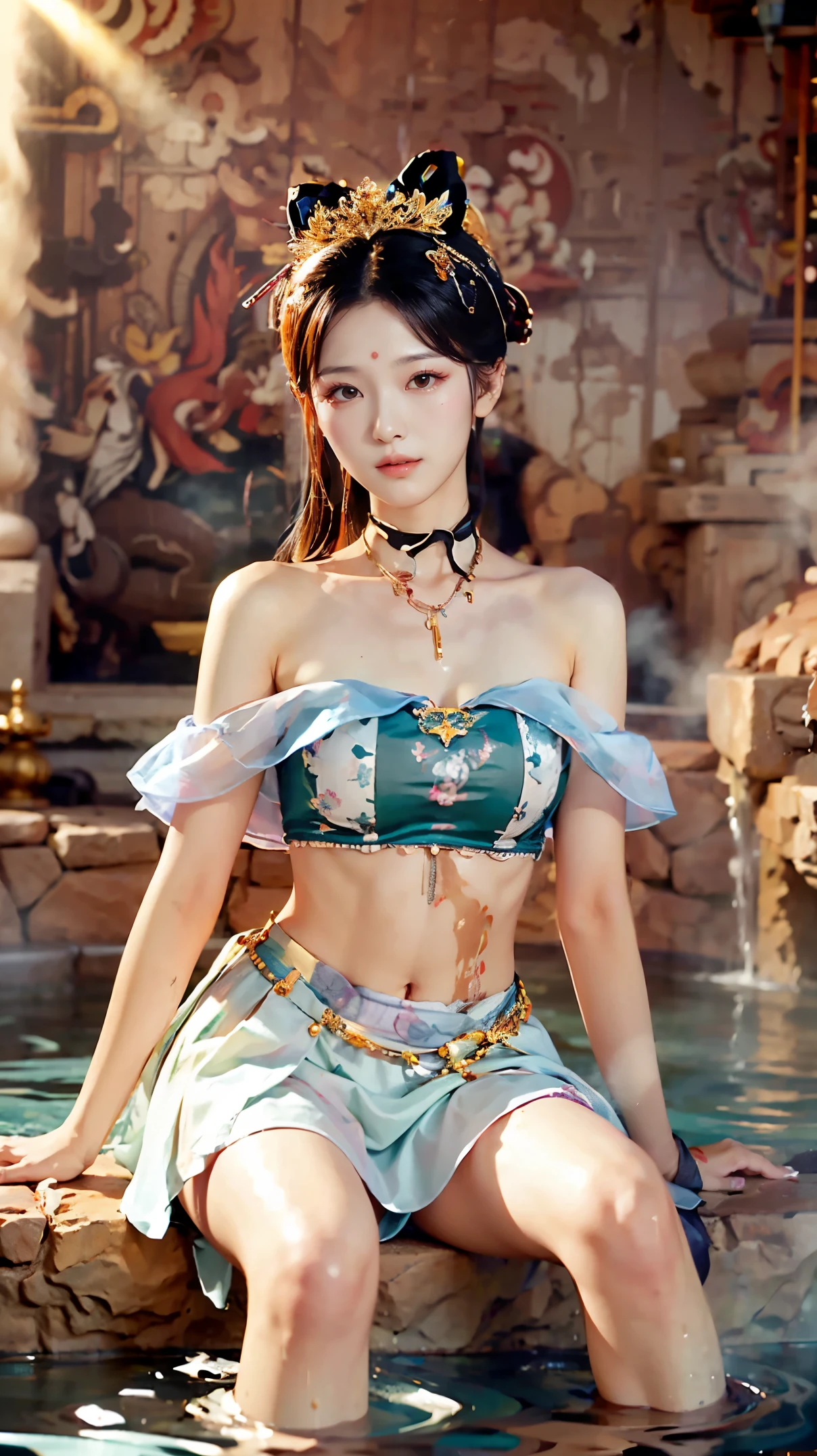 8k,best quality,Work,Very detailed,ultra high definition,feels,beautiful wallpaper,best masterpiece,Tyndall effect,Reality,Highest rendering,extremely beautiful face,ultra high definition晰度,exquisite facial expressions,Detailed description of face,Delicate hair features,look up,hair past shoulders,best quality,extremely high resolution。The heroine is sitting on her knees in the antique hot spring pool,take off shoulders,clavicle,White bellyband,belly button,mini skirt,Slender jade legs,grapefruit model: Character 2, CFG scale: 7, Hire high-end talents: 1.5