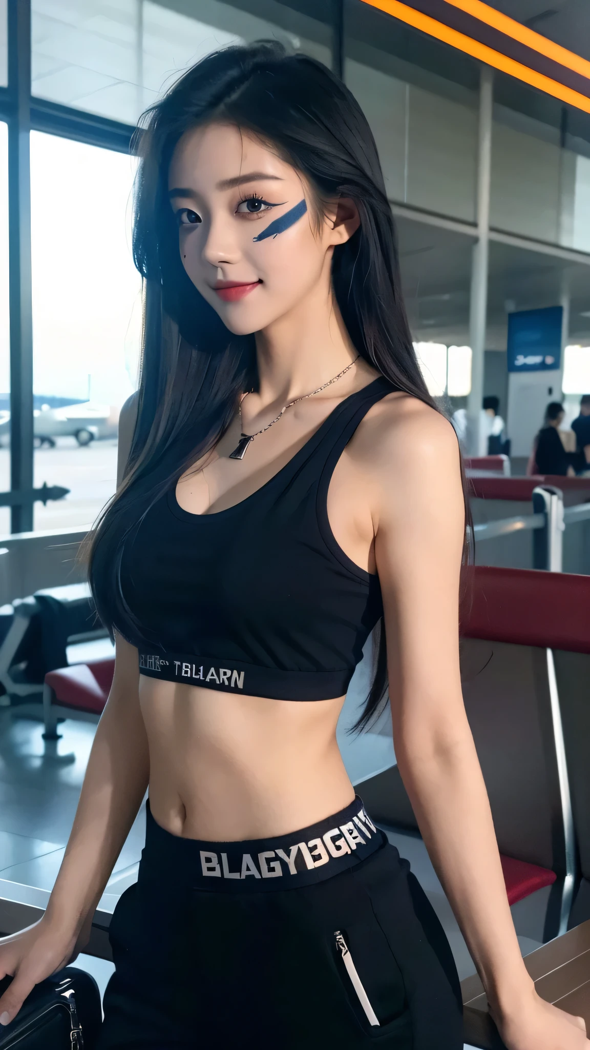 最high quality、best image quality、masterpiece、age girl((18-year-old、 By becoming、vest bust、medium bust,wide open breast tea、black eye, black hair、long hair、thin,highest valley、cute makeup、red sports bra、Black sports pants、White Necklace、Blackface Paint、Navy jacket、smile)),high quality、beautiful art、background((In the airport、galleries)),debris flies、Depth of written boundary、movie、visual art、perfect art、8K,genuine