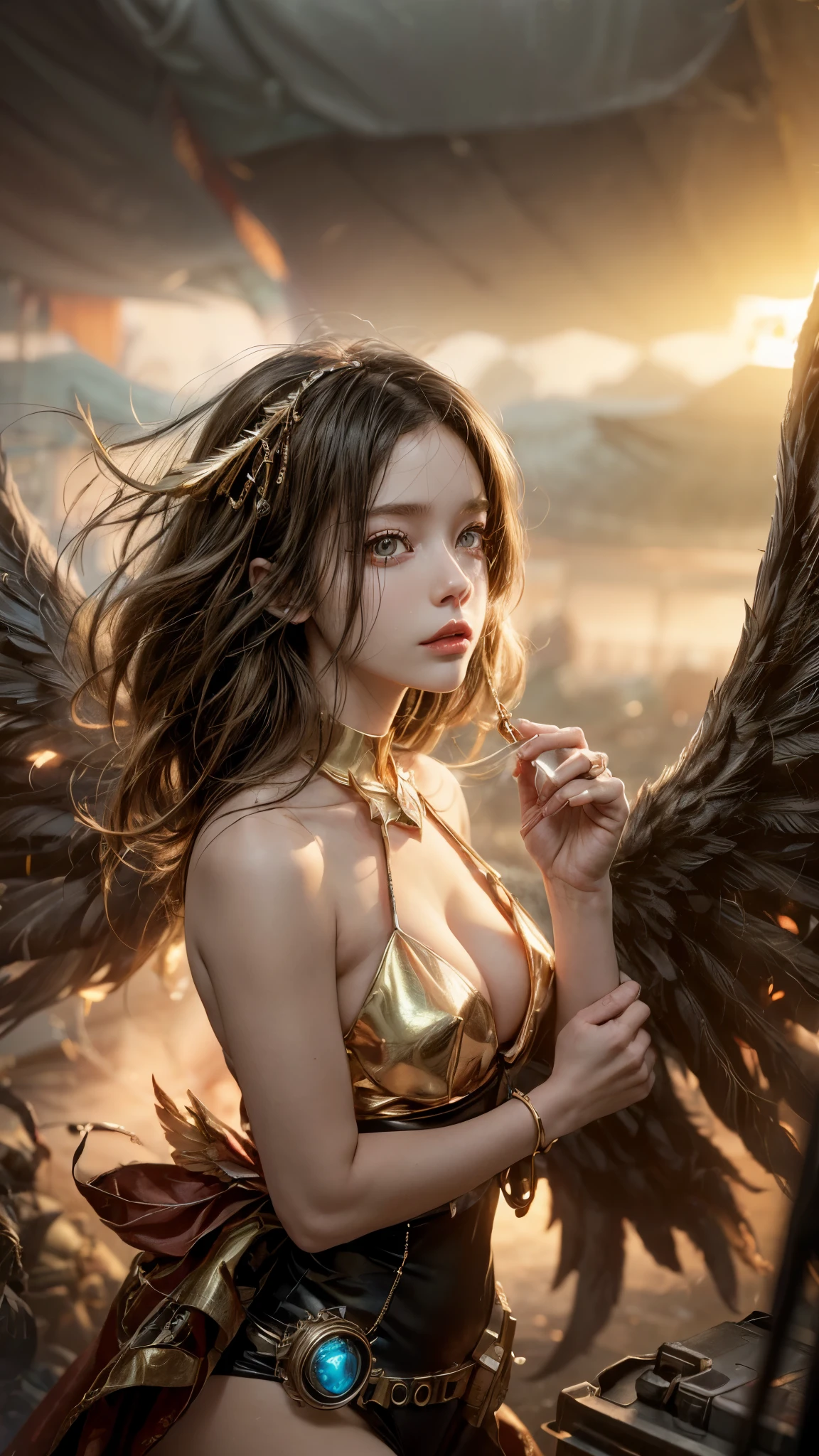 A photograph captures a fleeting moment where a girl embodies the essence of both an angel and a cyberpunk-steampunk muse. Amidst swirling smoke, use the ((golden hour)) to infuse the scene with warmth, highlighting the ((emotional)) juxtaposition of ethereal wings and futuristic elements.