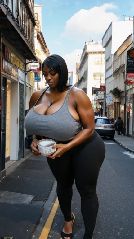 Jovem mulher com seios enormes colossais, Wearing a blue tank top with a large neckline and leggings, ebony skin, corpo fitness, bela garota, Slim body, cabelo grande cacheado, Mulher muito alta, posse sensual na rua,