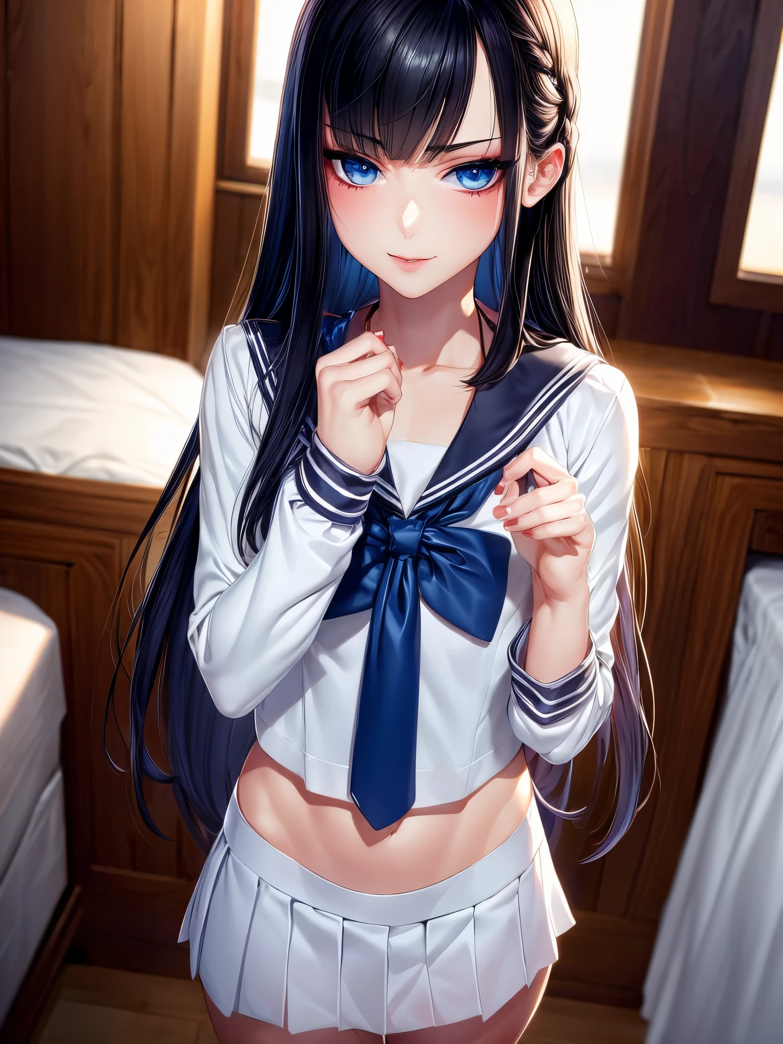 {{masterpiece}}}, {{{School Uniform}}}, {{{best quality}}}, {{ultra-detailed}}, {cinematic lighting}, {illustration}, {beautiful detailed eyes}, {1boy} [Femboy] (indoors), inside a bedroom, extremely detailed character ultra-detailed, detailed face, beautiful young teen, solo, perfect face, perfect eyes, smoky eyeliner, eyeshadow, sharp focus, intricate details, ultra detailed body, ultra detail hair, ultra detail face, long black hair, sadistic face, standing, wearing a white school sailor uniform, wearing a skirt, fair skin, hands at side, looking at viewer, blue eyes, dark blue hair, smirking, slim waist, delicate body, wearing women's clothes, flat chest, average height, sadistic, sharp face, cowboy shot, full body, highly femininize 