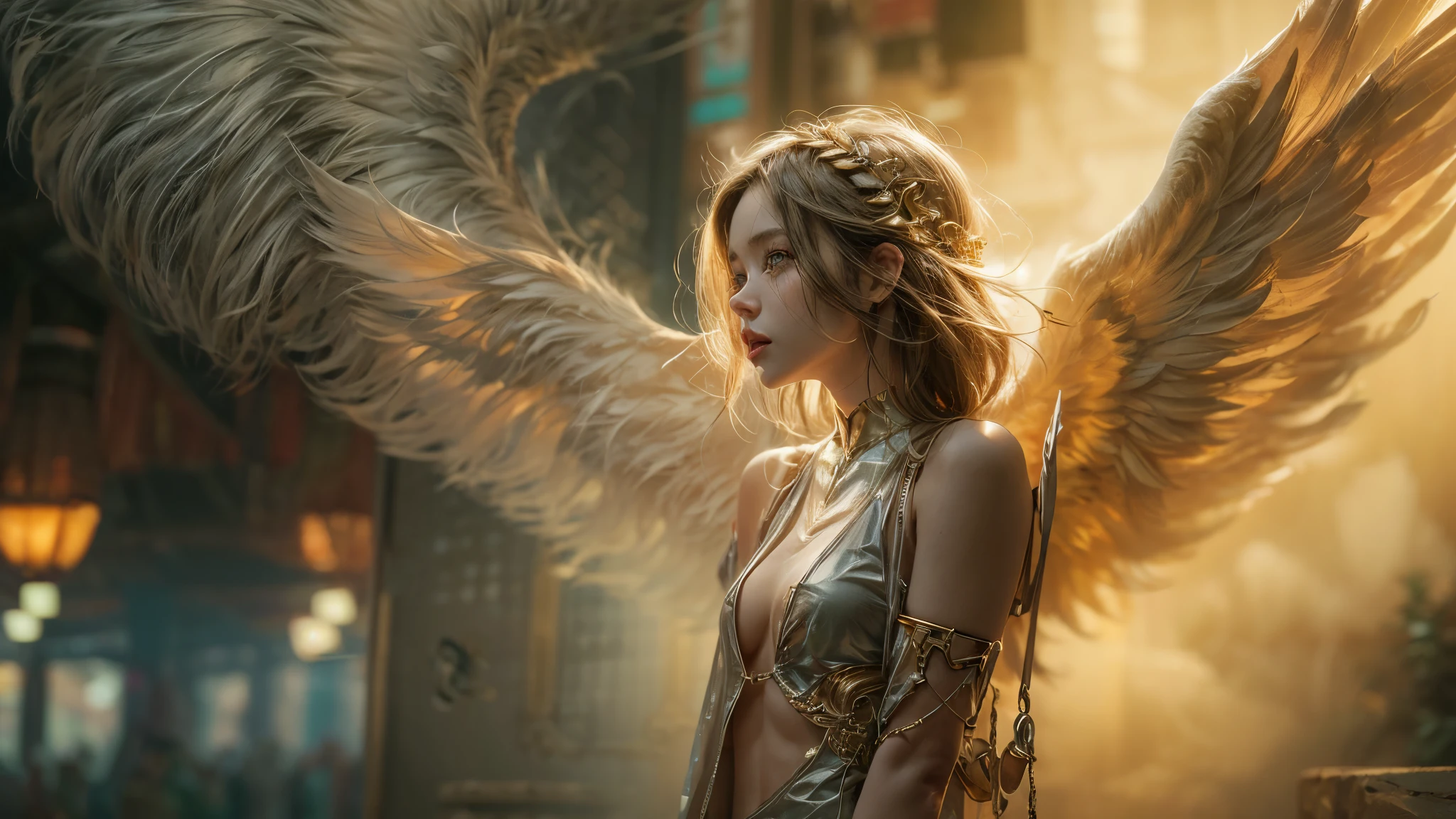 A photograph captures a fleeting moment where a girl embodies the essence of both an angel and a cyberpunk-steampunk muse. Amidst swirling smoke, use the ((golden hour)) to infuse the scene with warmth, highlighting the ((emotional)) juxtaposition of ethereal wings and futuristic elements.