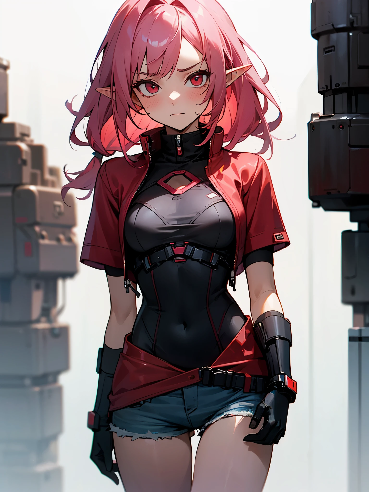 masterpiece, best quality, 1girl, solo, li, 18yo, 158cm, pink hair, red eyes, elf ears, chest-length red blouse, short denim shorts, long red raincoat, long black elbow-length gloves, cyberpunk style, cyberpunk, dystopia atmosphere, tsundere face, cyberpunk city background