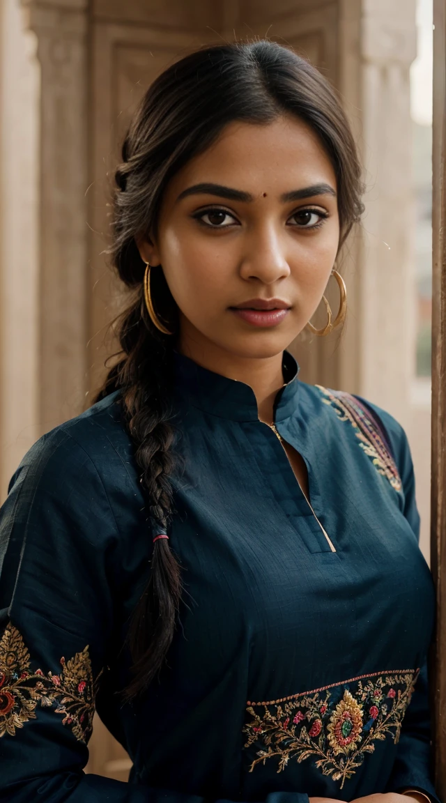 ultra-realistic photographs,Indian Instagram female model,mid 20s,9:16,mid-shot,beautiful detailed eyes,detailed lips,long eyelashes,black braided hair, naturally full eyebrows,perfectly formed nose,expressive face,attractive appearance,candid photo,vibrant and colorful salwar-kameez dress, heavily embroidered dress, temple background, serene atmosphere,stunning architecture,soft and natural lighting,vivid colors,photorealistic,HDR,highres,studio lighting,ultra-detailed,bokeh,fully covered clothes