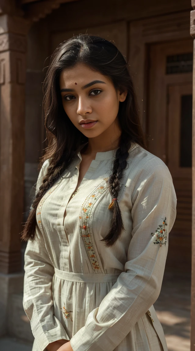 ultra-realistic photographs,Indian Instagram female model,mid 20s,9:16,mid-shot,beautiful detailed eyes,detailed lips,long eyelashes,black braided hair, naturally full eyebrows,perfectly formed nose,expressive face,attractive appearance,candid photo,vibrant and colorful salwar-kameez dress, heavily embroidered dress, temple background, serene atmosphere,stunning architecture,soft and natural lighting,vivid colors,photorealistic,HDR,highres,studio lighting,ultra-detailed,bokeh,fully covered clothes