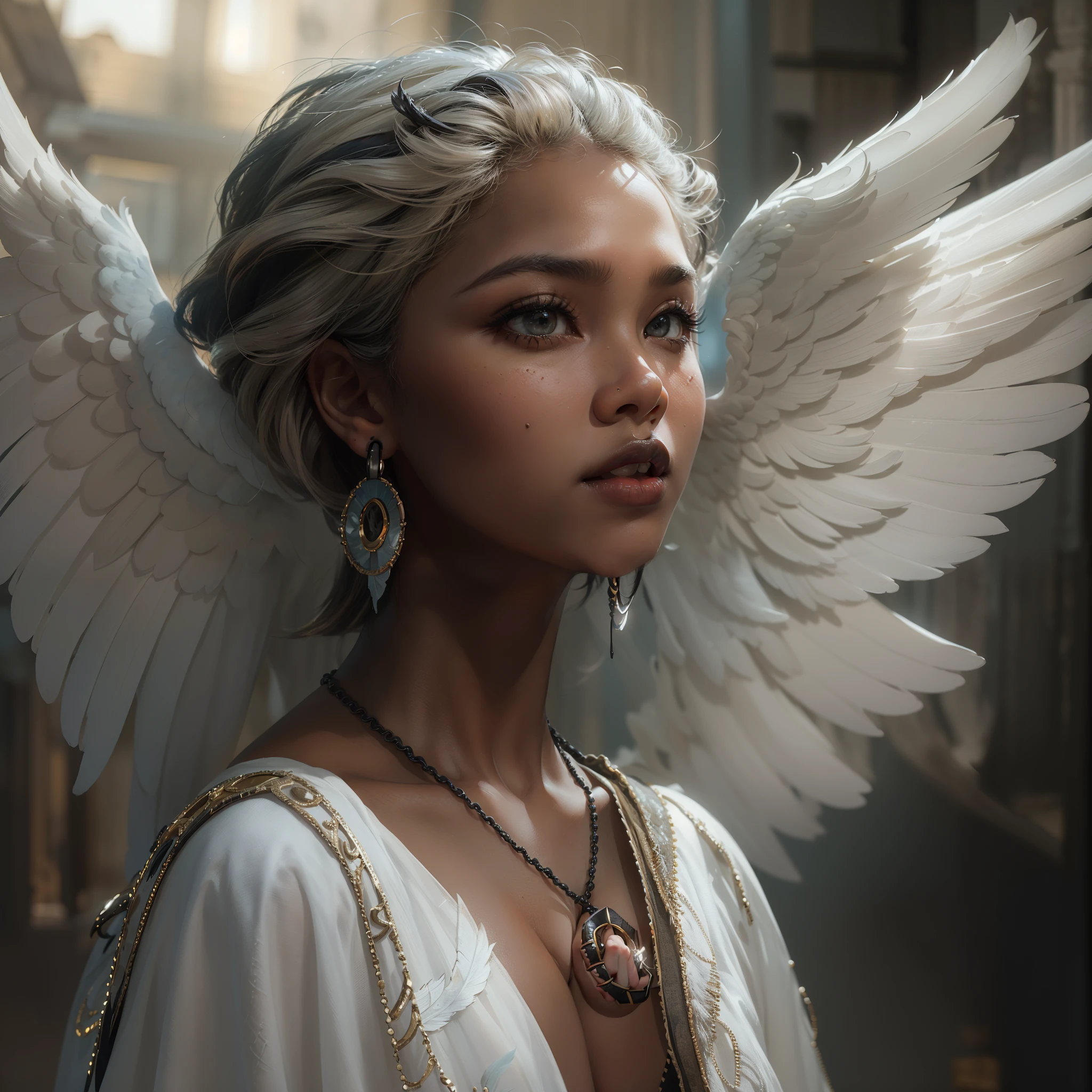 (Numerous award-winning masterpiece s, incredibly detailed, textures and maximum detail), (full body standing image:1.8), (upper body close-up:0.3), (hyper realistic:1.4), (realistic:1.3), (top quality real texture skin ), (fine circle symmetrical eyes), (finely painted beautiful face), (angelic ring of divine radiance overhead:1.8), ((medieval world)), (finely crafted graceful divine white costume: 1.8), (black angel of the Lord or white angel of the Lord: 1.6), (full body standing image: 1.8), (beautiful and gentle eyes), (she is smiling blissfully), (beautiful colored eyes filled with compassion), (full body standing image:1.8), (shining majestic cloud masses and sky), (halo optical phenomenon:1.3), (angels dancing in the background), (dramatic light), (majestic scene), (her expression is gentle and full of tenderness and very beautiful), ((large wings with pure white feathers behind her shoulders)), (((folded wings))), glass earrings in her ears, (((dramatic photo))), (twilight), (sunset), (dusk), (sacred pose)), (golden hair), (silver hair), (chestnut hair), short cut hair, (short hair)) ((looking up)), ((looking down)), ((gives full-length standing image)), (simple necklace with elaborate workmanship around her neck), old ruins infested with plants, great temple, cathedral, temple ruins, temple away from temple, (glowing magic circle), ruins of ancient castle, deserted ruins Crumbling ruins, Ancient ruins with clear water, Sacred light, epic realistic, ((neutral color)), (HDR:1.5), (subdued color:1.2), highly detailed, cinematic, warm light, dramatic light, (complex detail:1.1), complex background, highly detailed, ultra-realistic, complex detail, (complex detail:1.1) Painting (artwork), ((masterpiece,top quality)), ((cinematic light)), scary, dark fantasy, faded, ((neutral color)), art, (art station:1.5), light effect, dramatic light, (complex detail:1.1), complex background, (greg latkowski:0.8 ), (teal and orange:0.4), ((beautiful black woman:1.8))