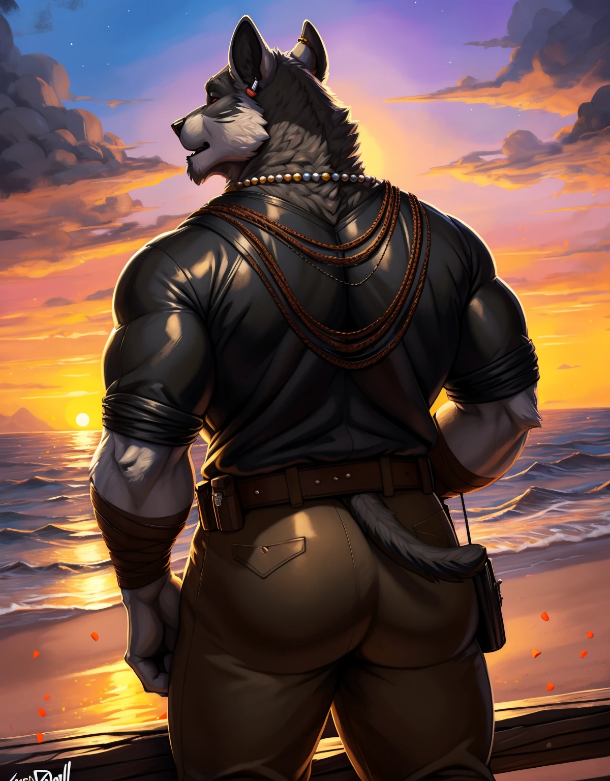 Hyena, shirtless, white underwear, hyena tail, from back, back vision, By mystikfox61
