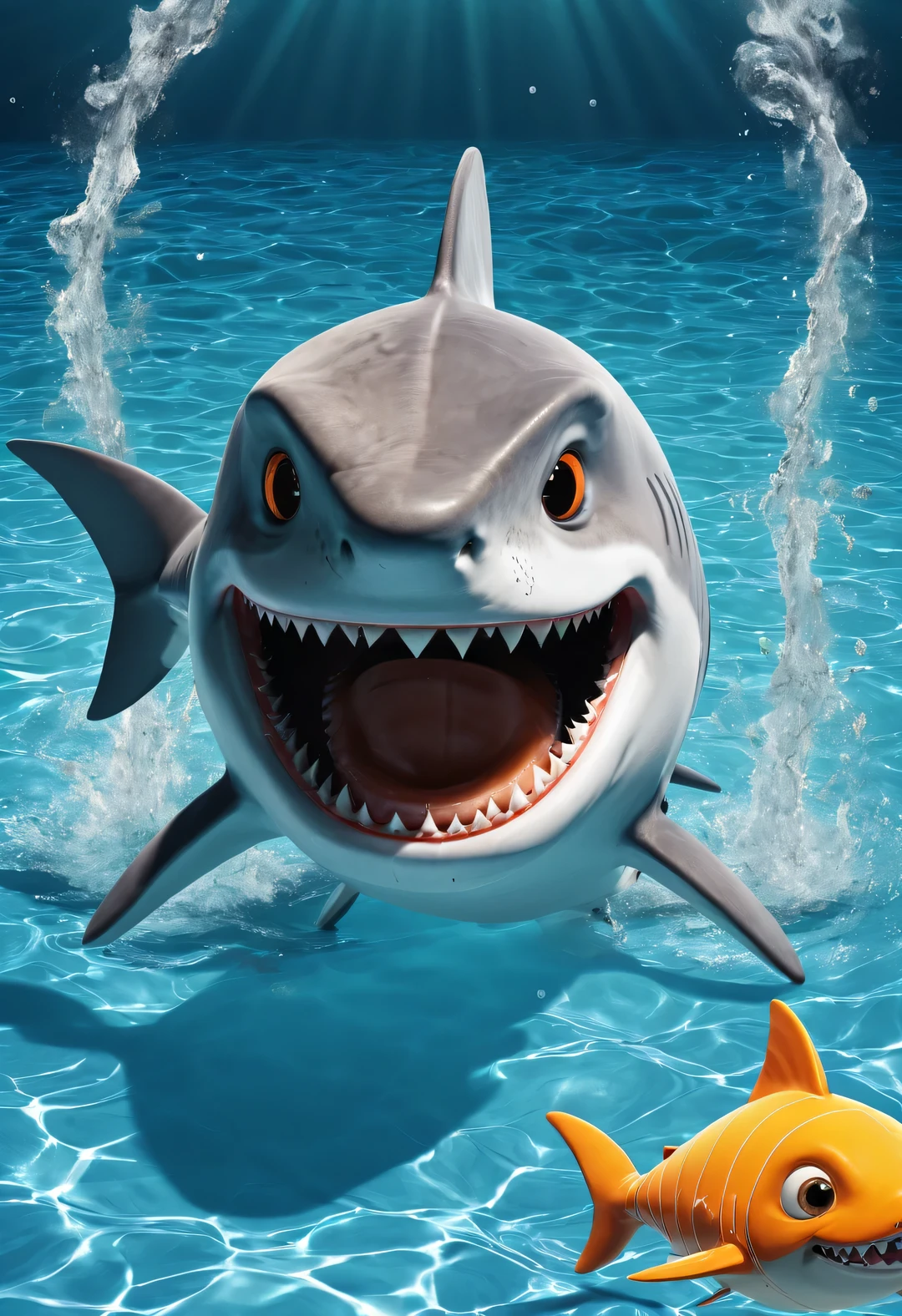 Cartoon poster design,character idea,scenography,Very unified CG design,(Oscar the little shark is playing water polo:1.1),Oscar the shark has a silver body,with orange stripes,The mouth is also small,His eyes were big and bright,Always sparkling with wisdom and curiosity,His tail is very strong,His eyes are sharp and alert,The orange stripes on the body are more vivid,Oscar is a very unique and interesting person,inspired by《shark tale》,backstage talk show