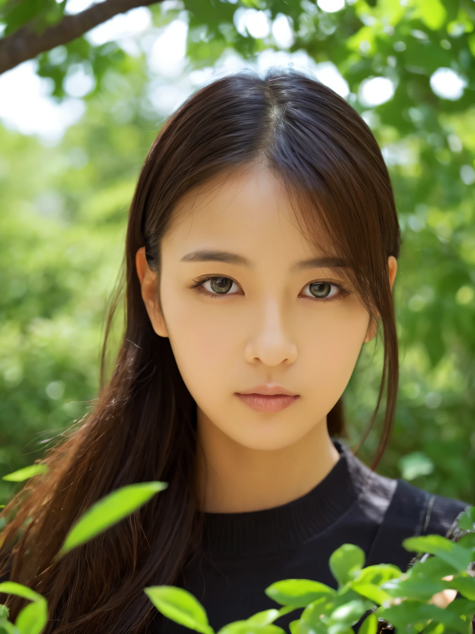 Slender Japanese woman staring at the camera、Black turtleneck sweater、Green tree on background々or bushes、High resolution、High resolutionの画像