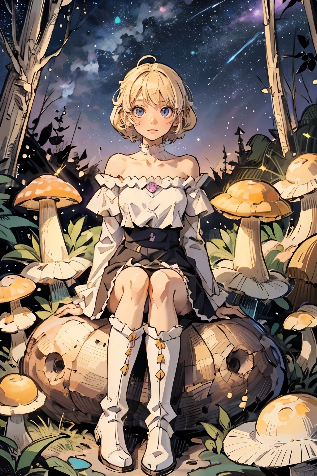 Light blonde haired anime girl with pale blue purple eyes wearing pink off shoulder puffy sleeves dress and knee length white boots sitting in the woods next to an orange mushroom surrounded by fireflies under starry sky sitting  