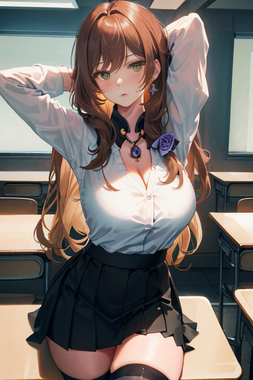 Lisa, genshin impact, 1 girl, alone, ((white shirt)), black Thighhighs, huge breasts, cleavage, uniform, office background, black skirt, pleated skirt, office, hair between eyes, messy hair, large chest, long hair, looking at the viewer, brown hair, red short nails, green eyes, alone, Thighhighs, thighs, very long hair, ((masterpiece)), classroom, machine, Chair, board, class board, Teaching, blush, I was scared, open your mouth, (leaning forward:1.3), (Put your hands behind your head), Pose that shows off your armpits, raise your arms, cowboy shot,