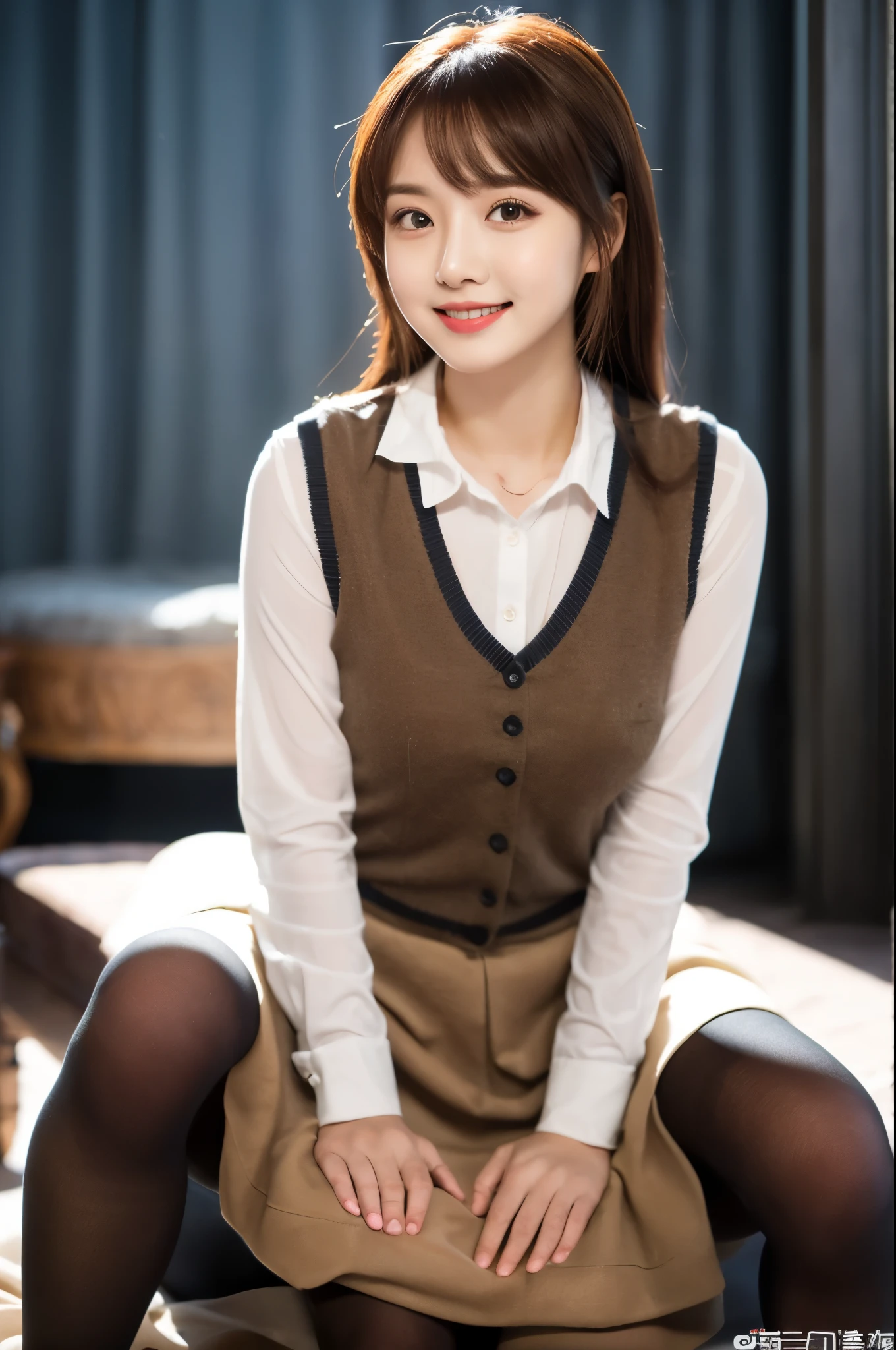 Pure young Japanese girl, wearing dark color classical suits and skirts, (panty), (pantyhose), vivid makeup, natural black hair styles, sitting in antique gothic style rooms, sweet smile, secret temptations, professional portrait photography, 